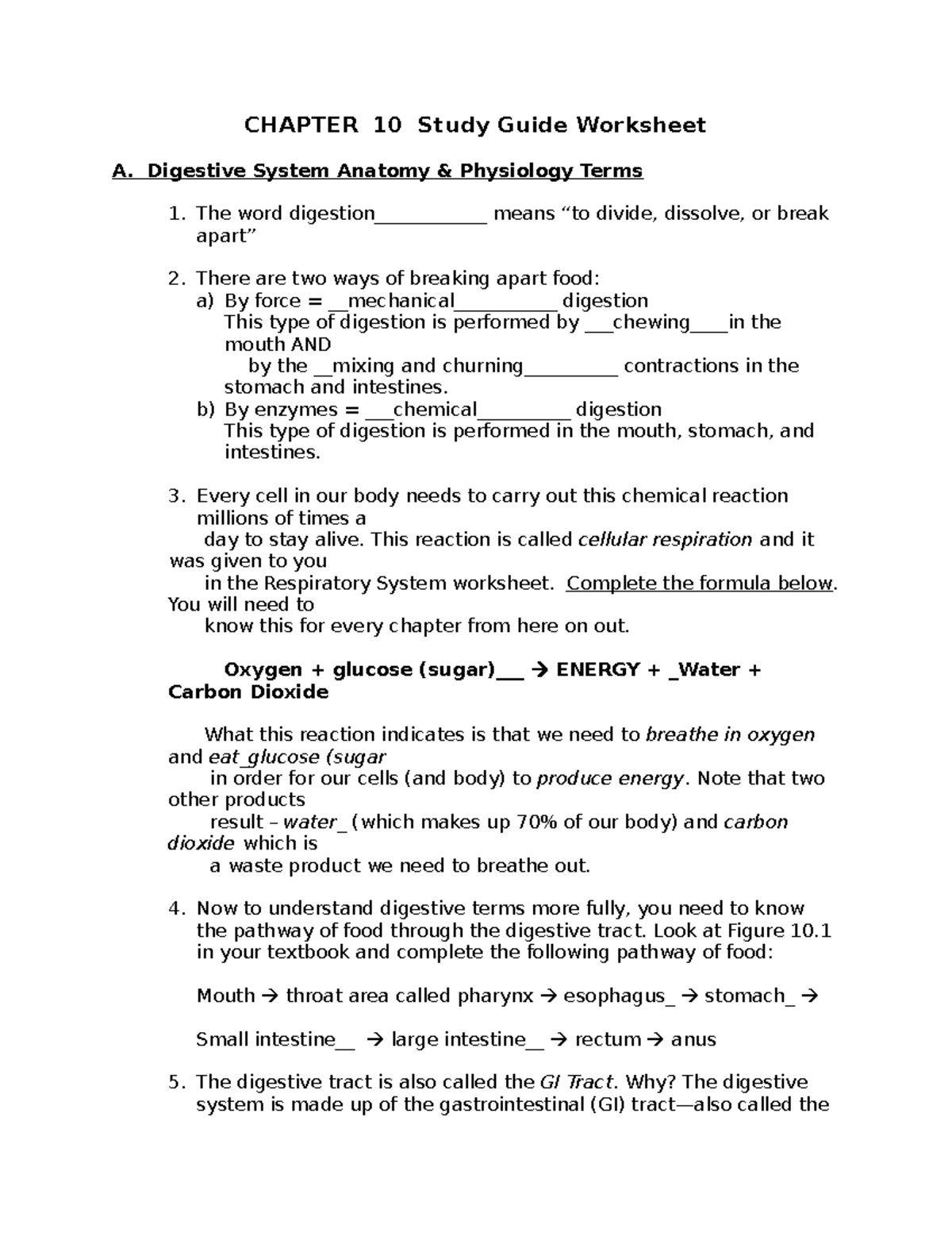 Chapter 10 Digestive ws CHAPTER 10 Study Guide Worksheet A. Digestive