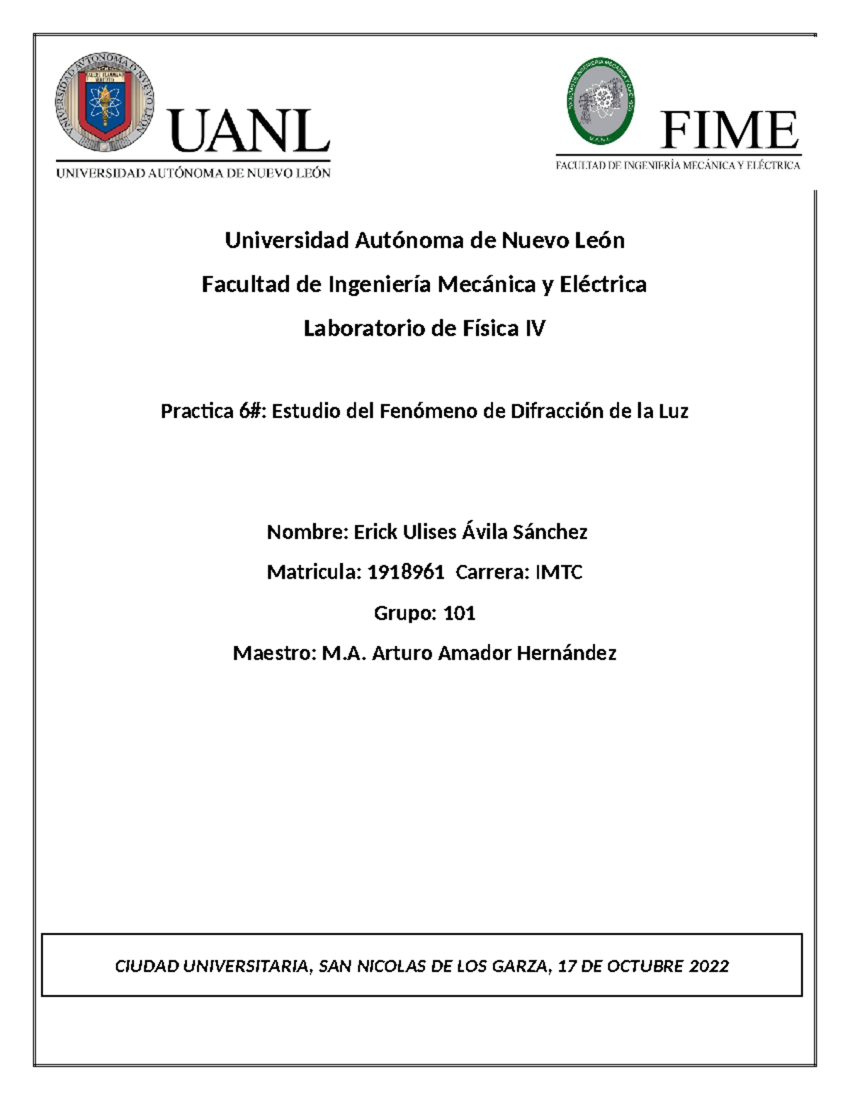 Laboratorio de Fisica IV Practica 6 - Universidad Autónoma de Nuevo ...