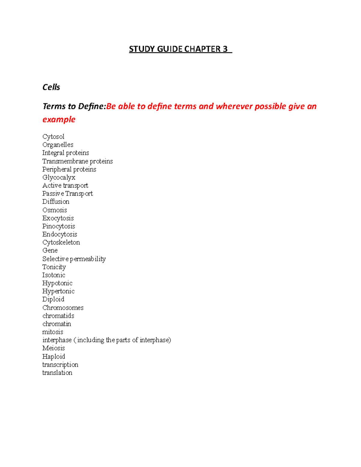 EXAM 1 Study Guide - Chapter 3 - STUDY GUIDE CHAPTER 3 Cells Terms To ...