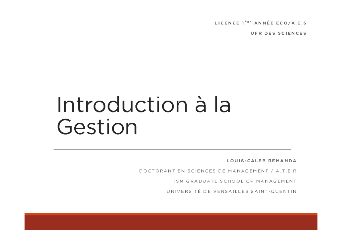 Introduction A La Gestion Cours 1 Introduction à La Gestion L O U I S Introduction A La Gestion Cours 1 Introduction à La Gestion L O U I S
