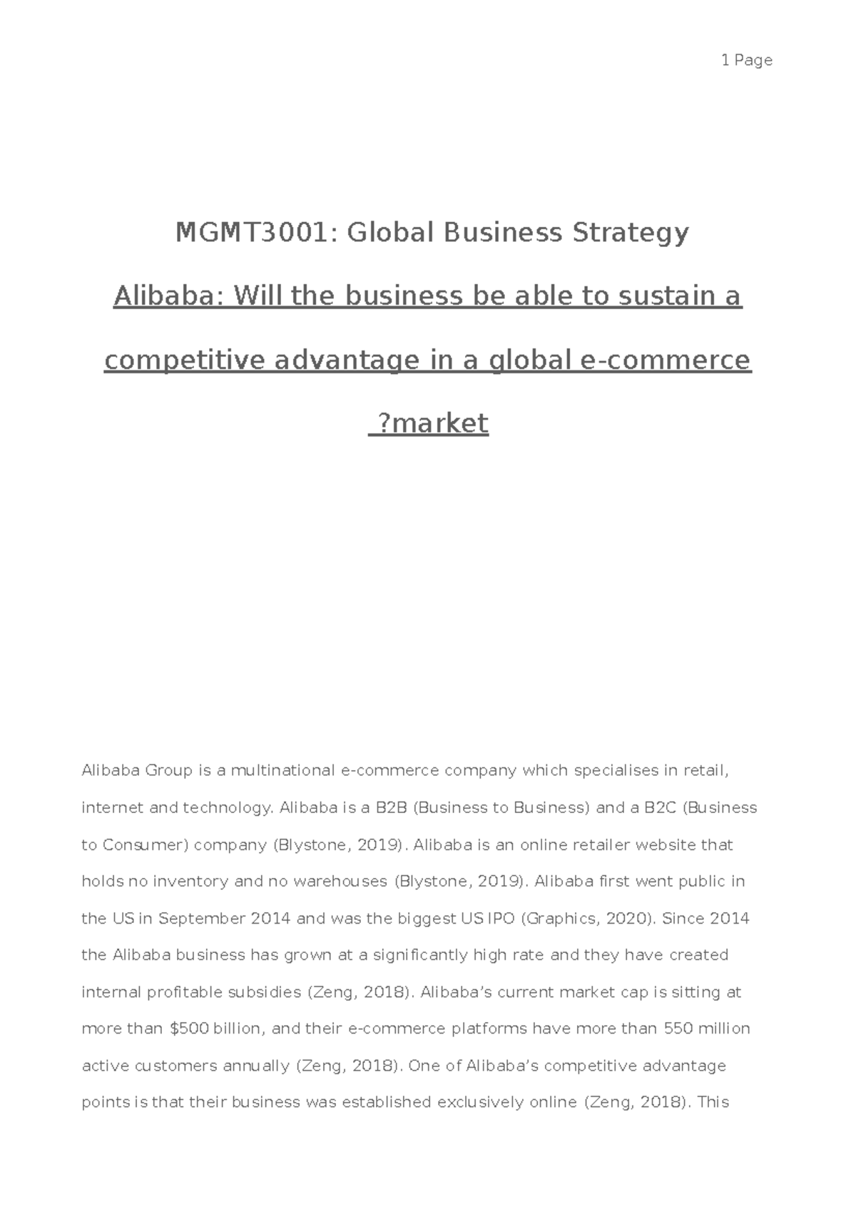 MGMT3001 Final Essay - MGMT3001: Global Business Strategy Alibaba: Will ...