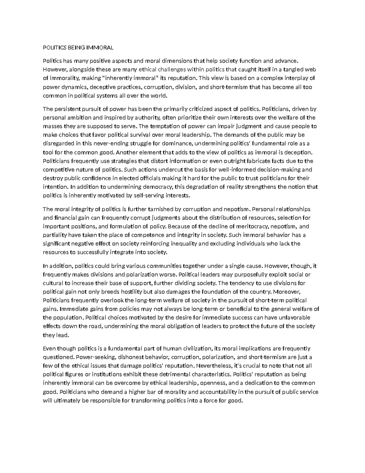 Politics Being Immoral - POLITICS BEING IMMORAL Politics has many ...