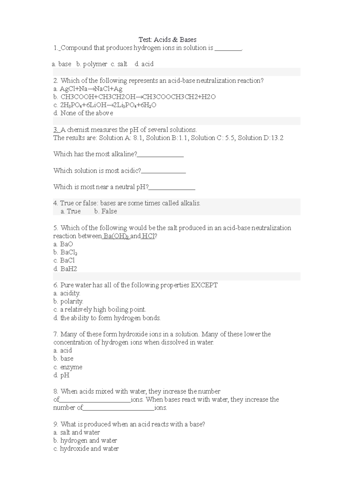 Acids bases Test final - chem tute - Test: Acids & Bases Compound that ...