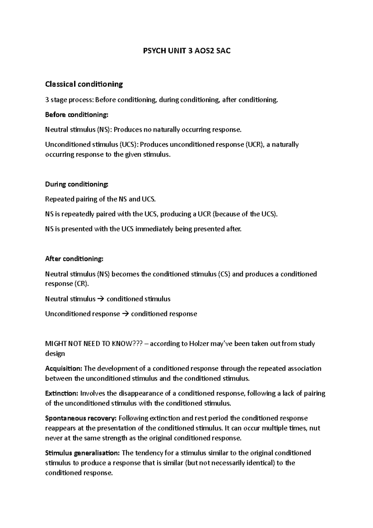 Psych UNIT 3 AOS2 SAC - PSYCH UNIT 3 AOS2 SAC Classical conditioning 3 ...