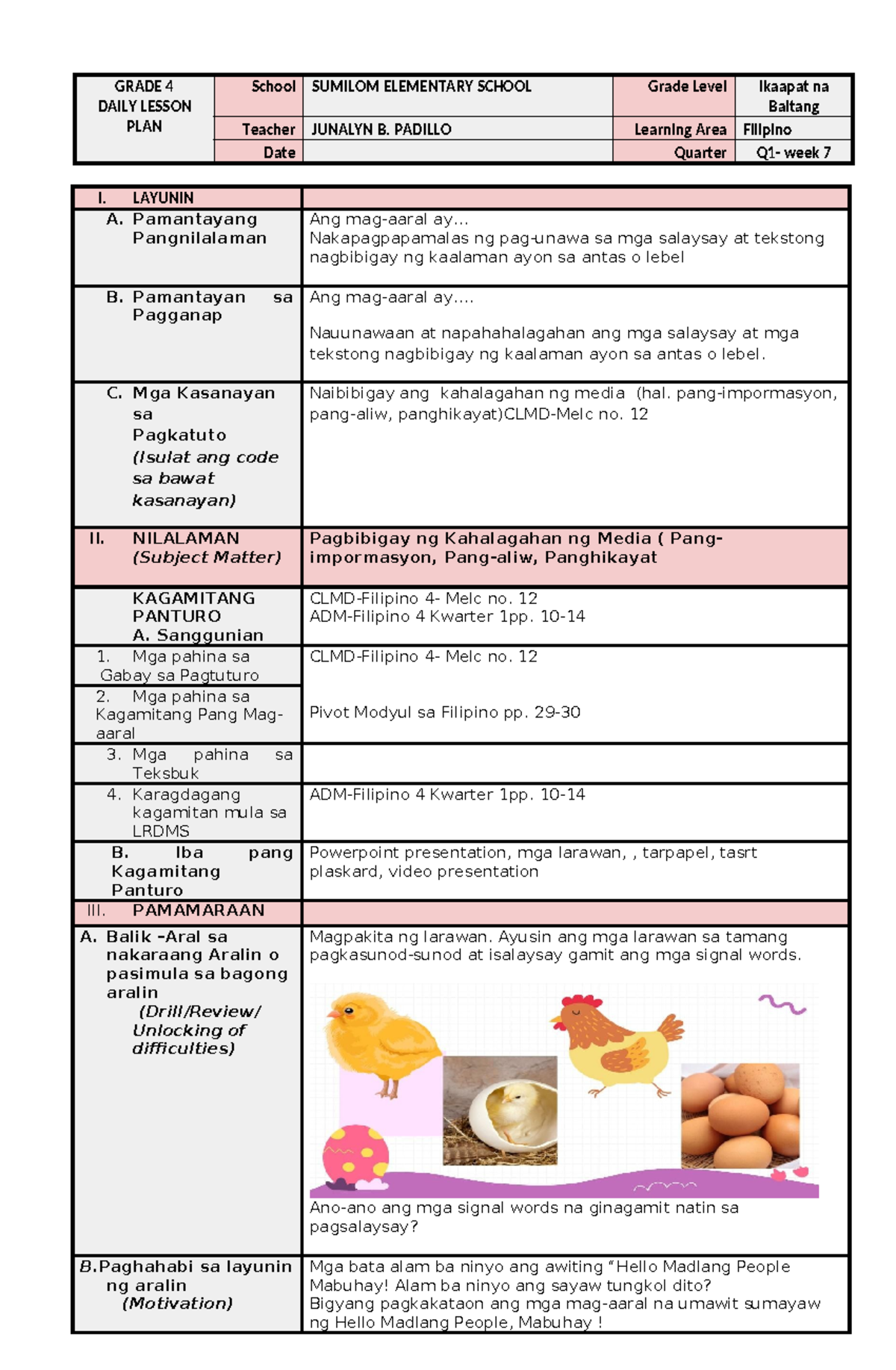 COT- Filipino 4 Q1 W7 - Csdc - GRADE 4 DAILY LESSON PLAN School SUMILOM ...