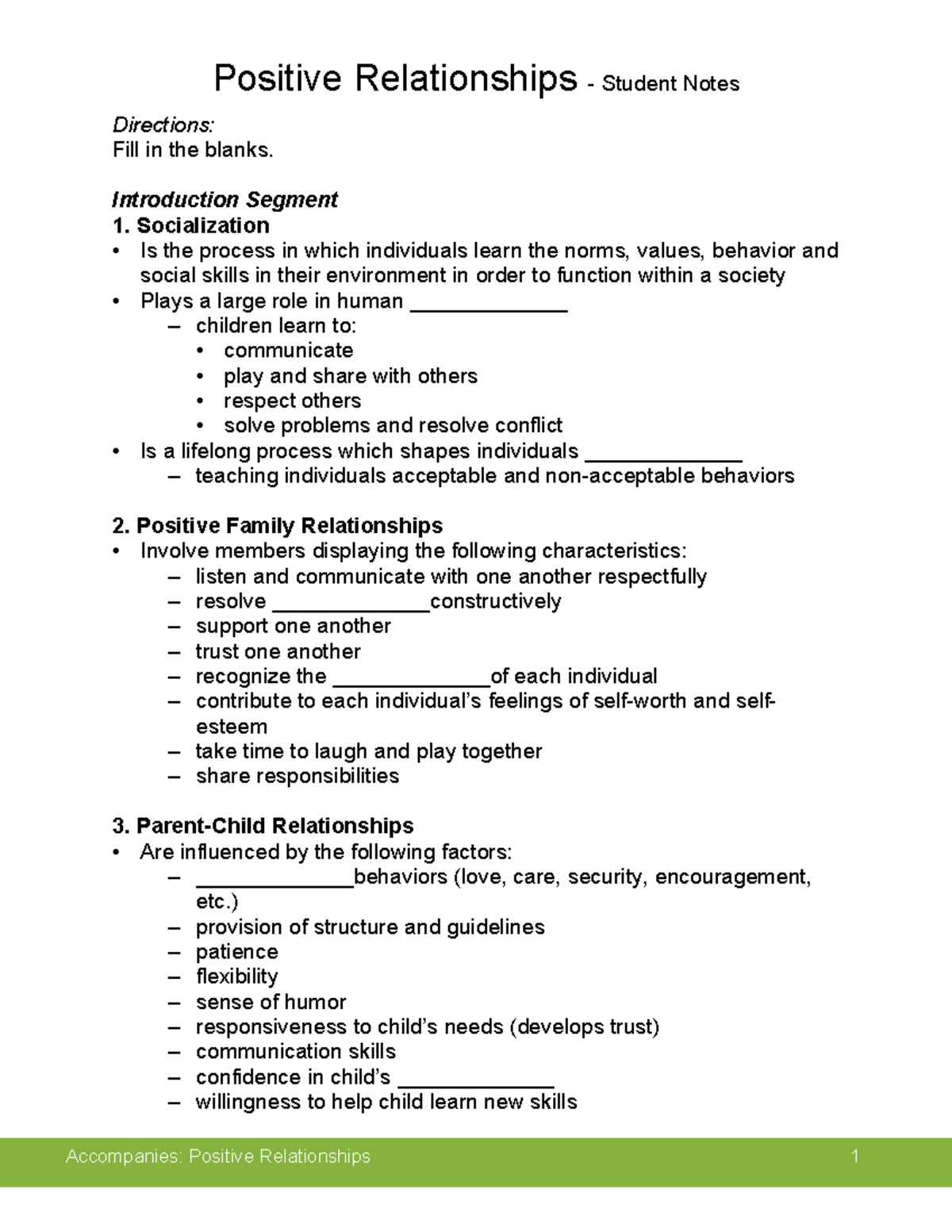 Relationship notes - Directions: Fill in the blanks. Introduction ...