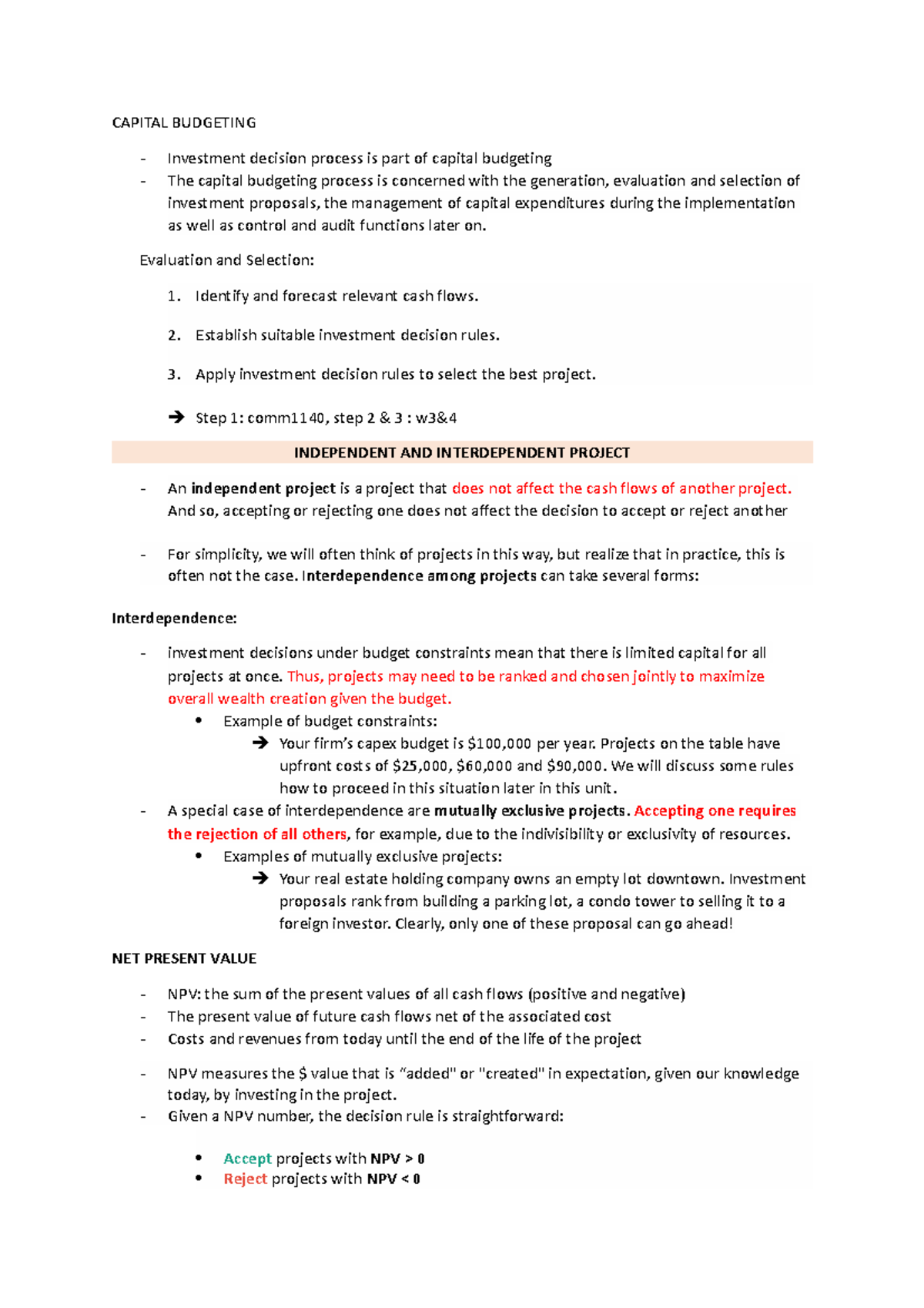1180 Lecture 8 Notes - CAPITAL BUDGETING Investment decision process is ...