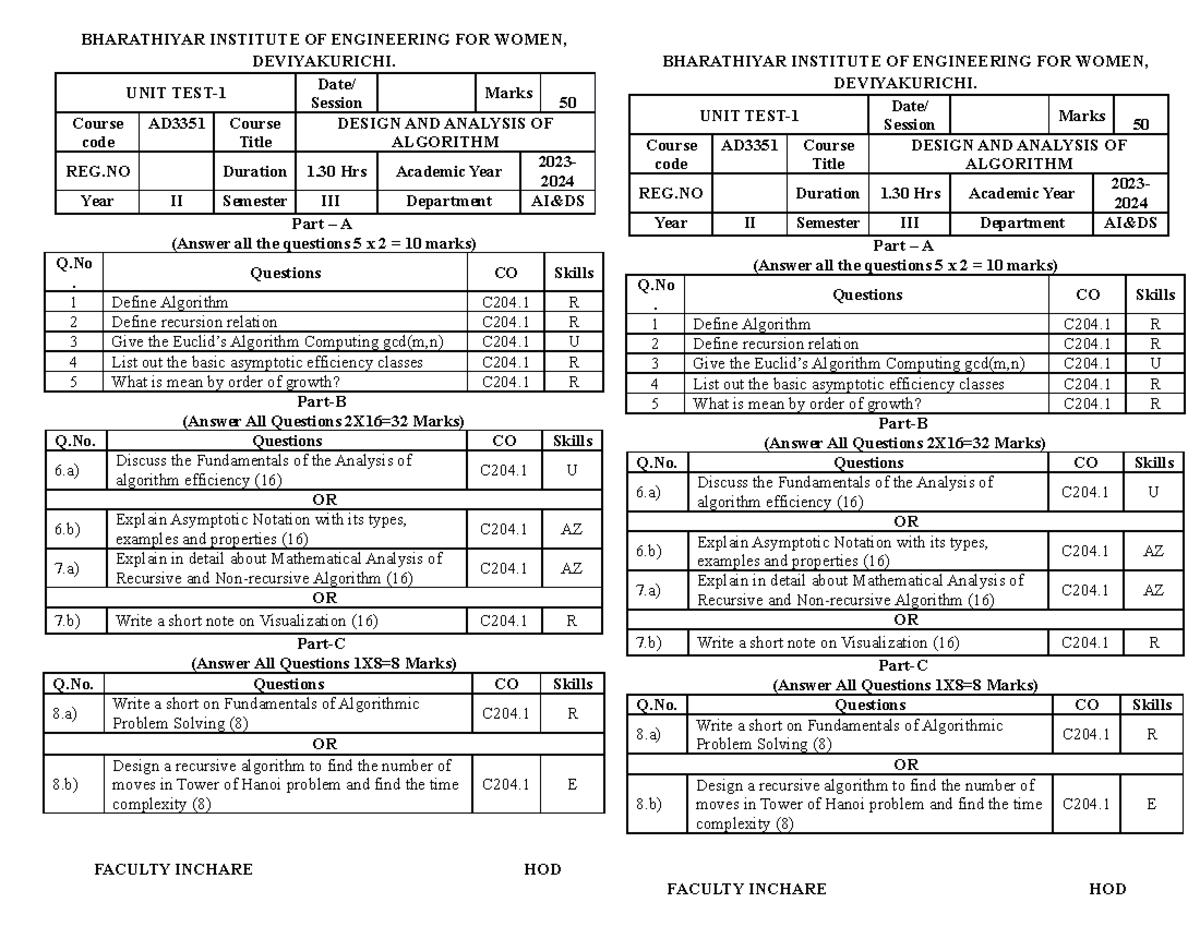 DAA SET 1 QP - BHARATHIYAR INSTITUTE OF ENGINEERING FOR WOMEN ...