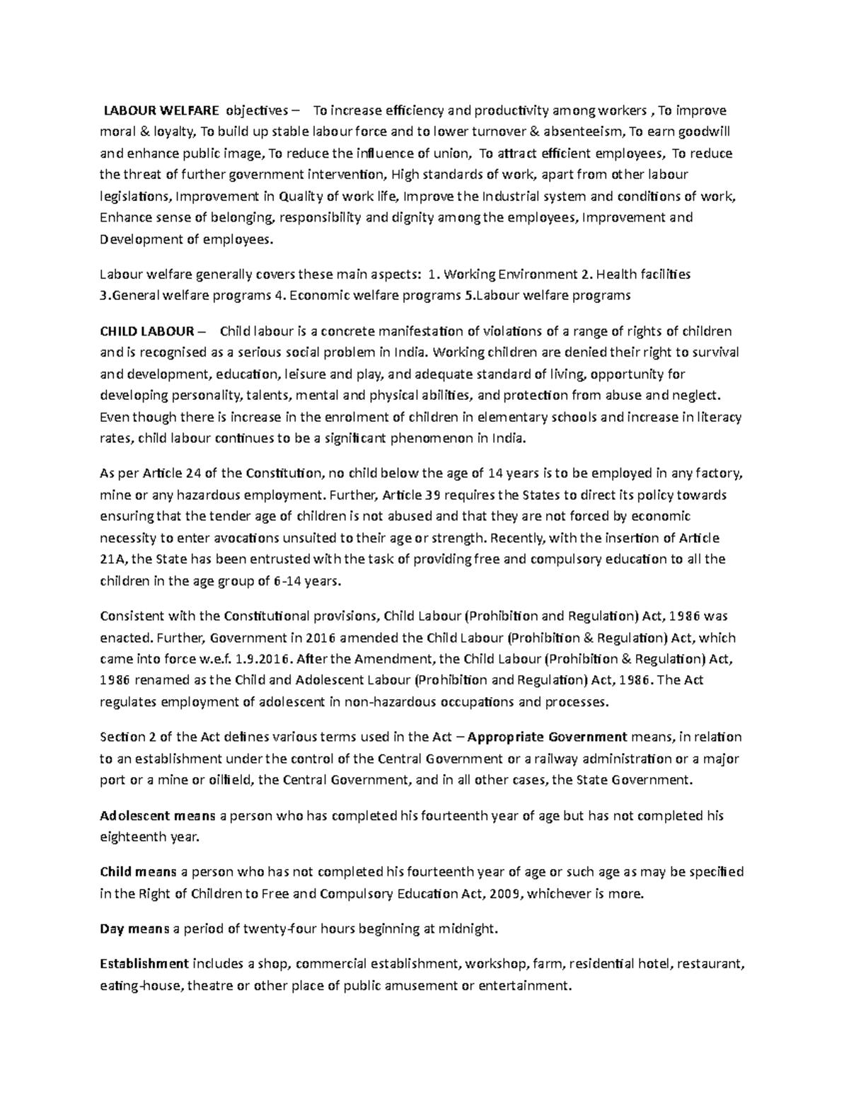 Labour law notes - LABOUR WELFARE objectives – To increase efficiency ...