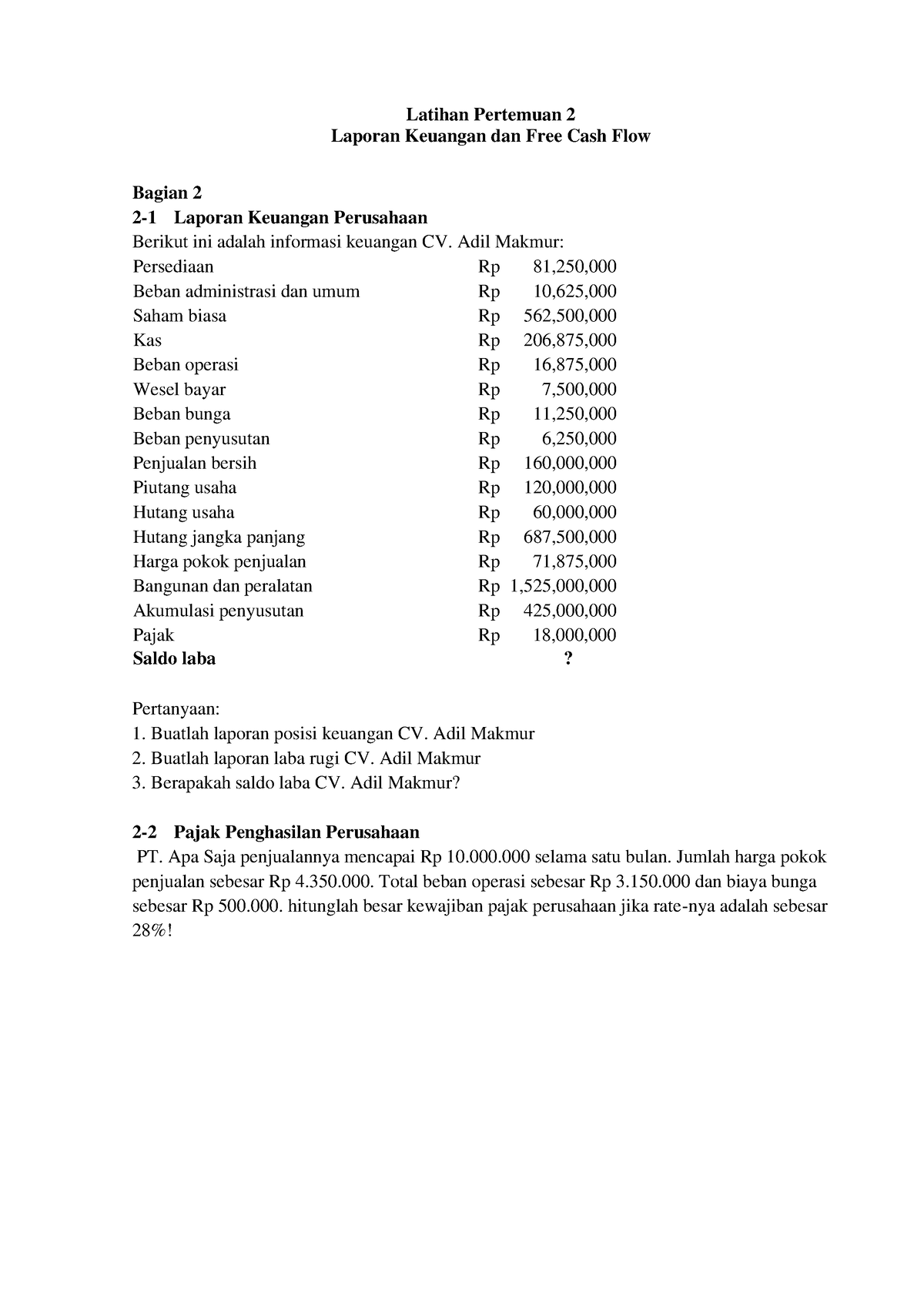 Latihan 2 Laporan Keuangan Dan Free Cash Flow Latihan Pertemuan 2