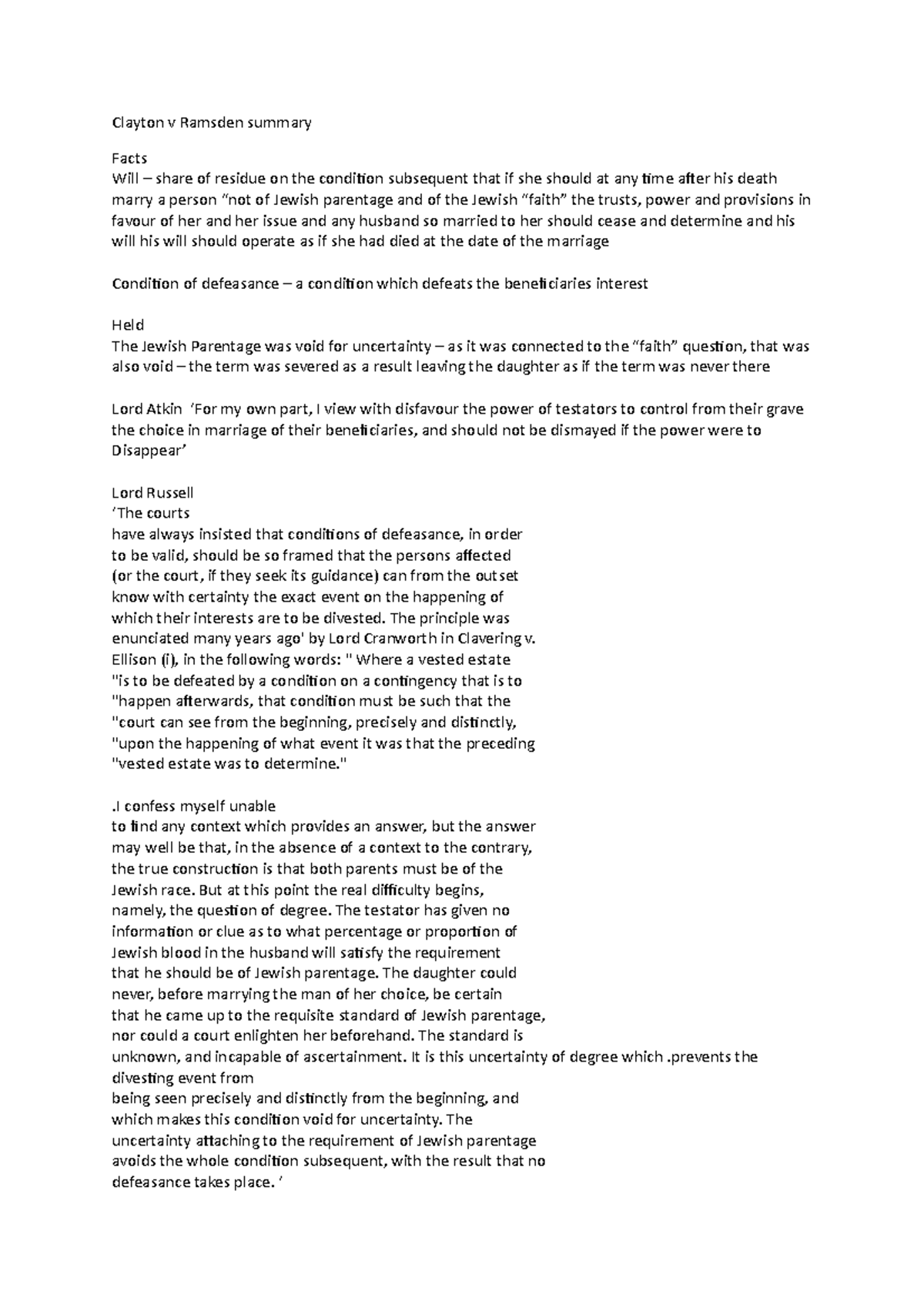 Clayton v Ramsden case summary - Clayton v Ramsden summary Facts Will ...