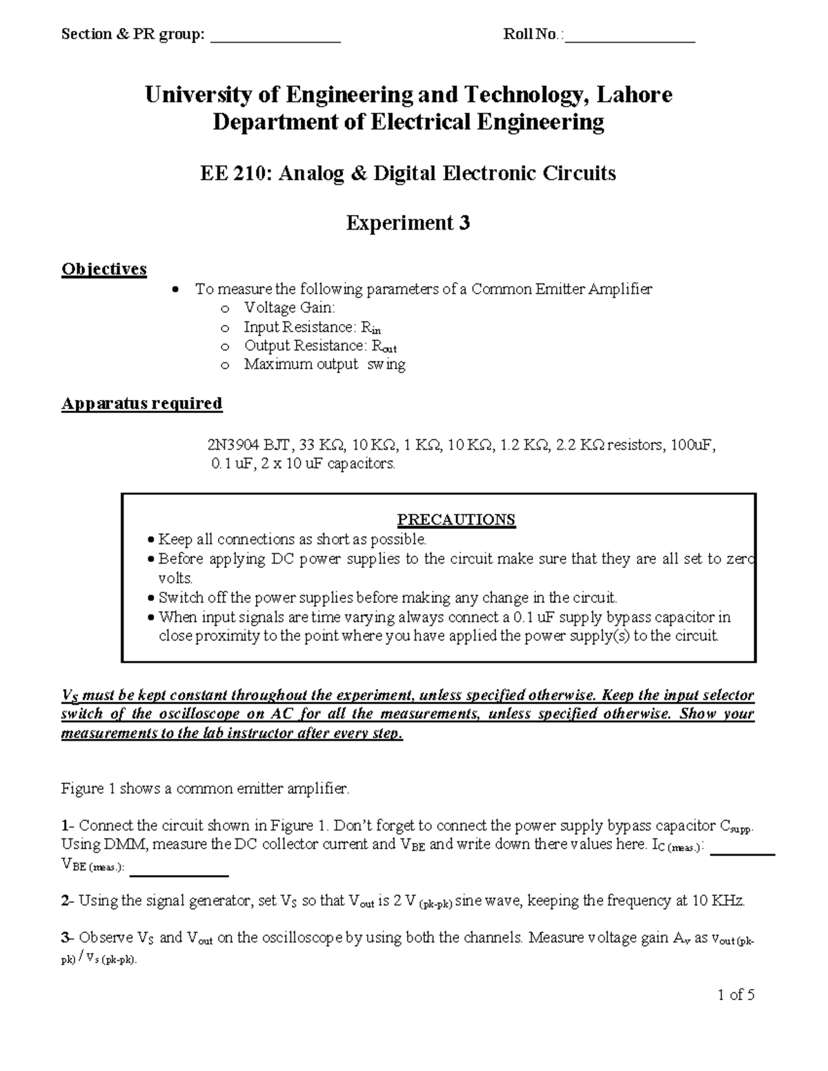 CE Amplifier Lab This a practical lab manual on how to calculate the