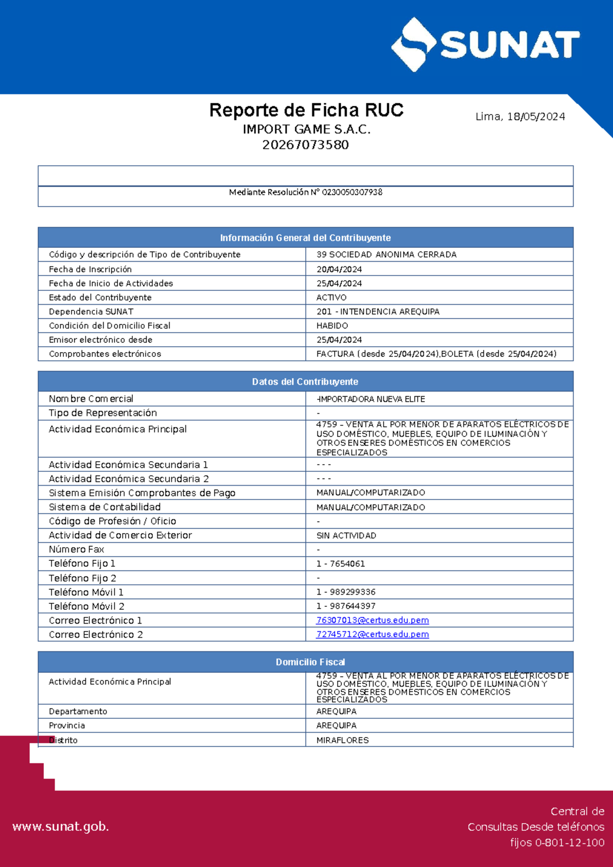 Ficha aqp - Central de Consultas Desde teléfonos sunat. pe Reporte de ...