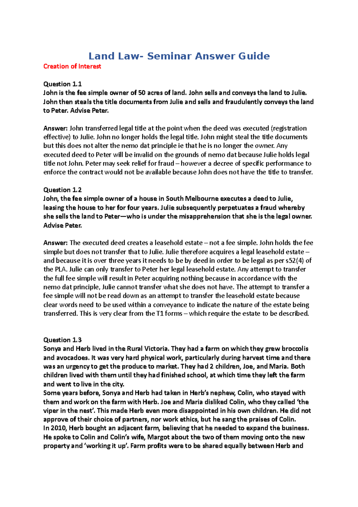 Land Law Sam Q's seminar Questions and answers Land Law Seminar