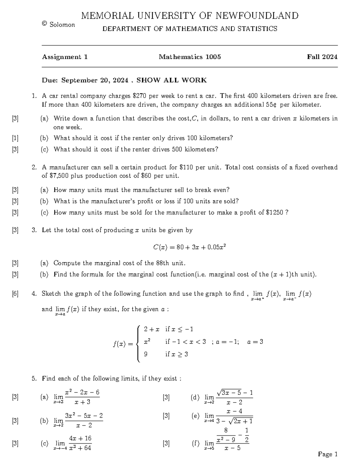 Assn1F24 - Assignment 1 - © Solomon MEMORIAL UNIVERSITY OF NEWFOUNDLAND ...