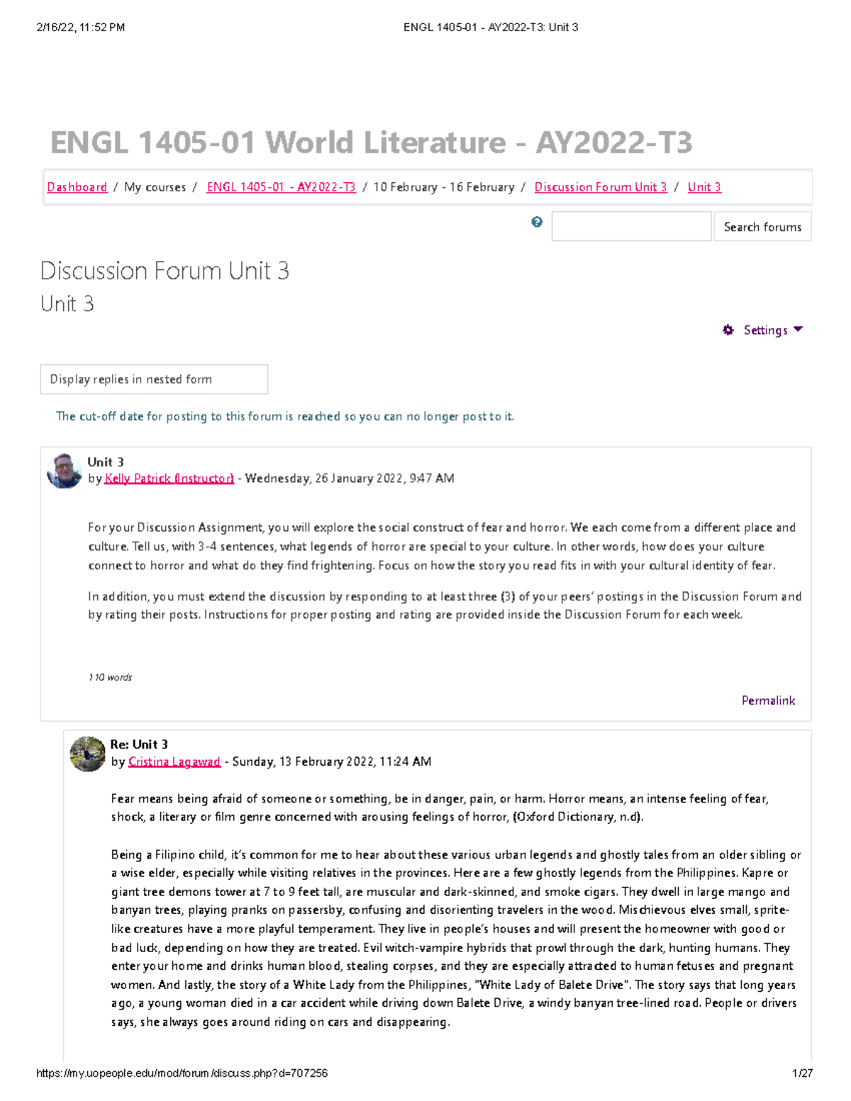 DF unit 3 ENGL 1405 DF unit 1 S Discussion forum unit 3 that will help ...