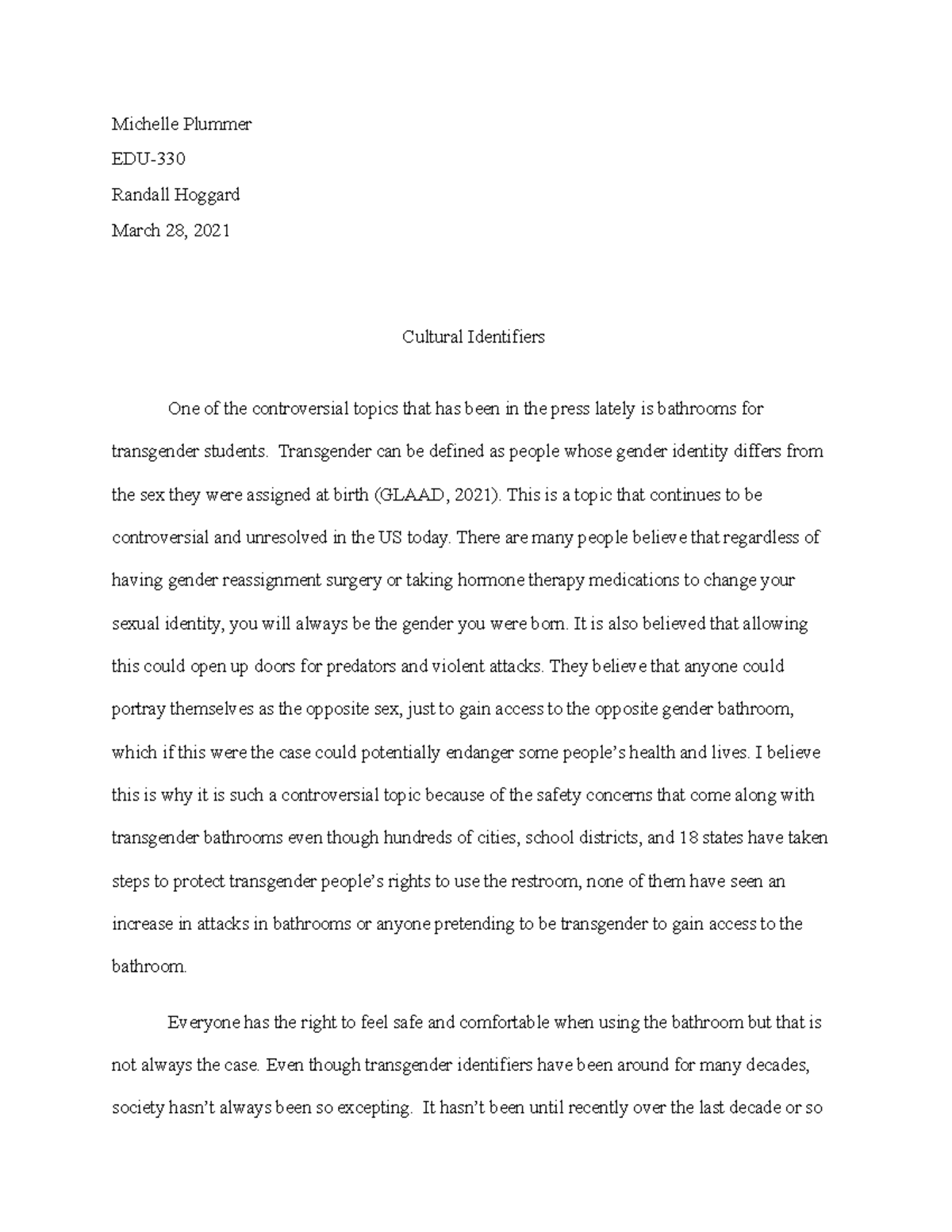 Transgender Bathrooms final draft - Michelle Plummer EDU- Randall ...