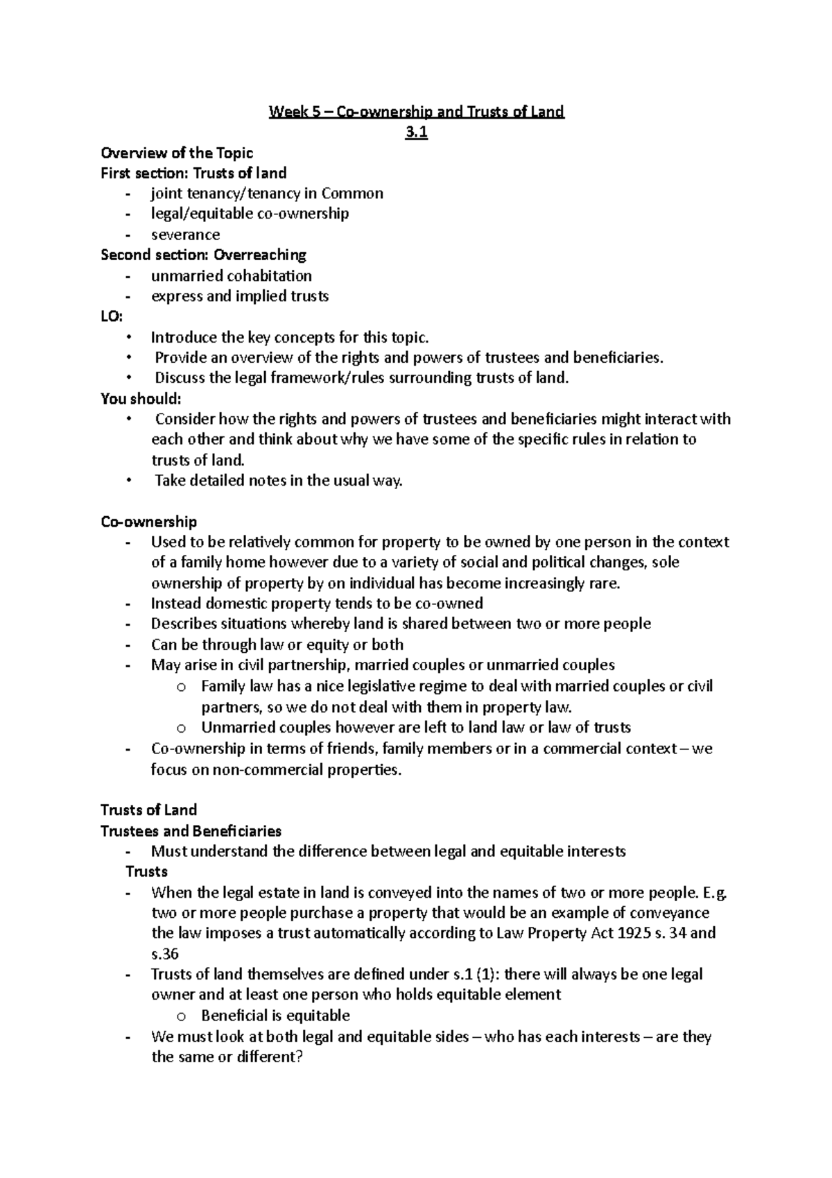 Week 5: Co-ownership - Week 5 – Co-ownership and Trusts of Land 3 ...