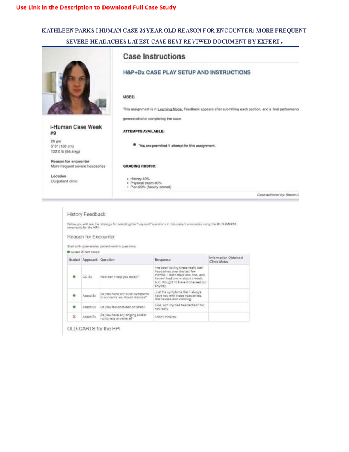 Comprehensive Case 26 Year Old Kathleen Parks Frequent Severe Headaches