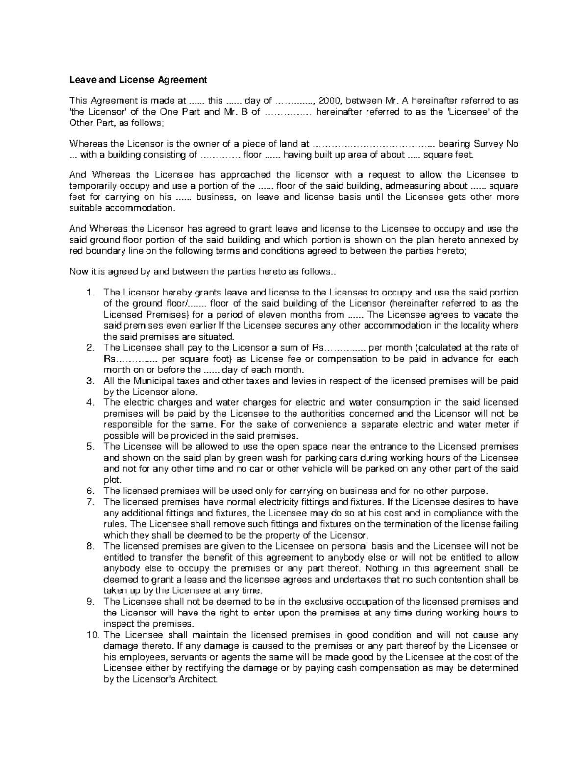 Agreement leave licence - Leave and License Agreement This Agreement is ...