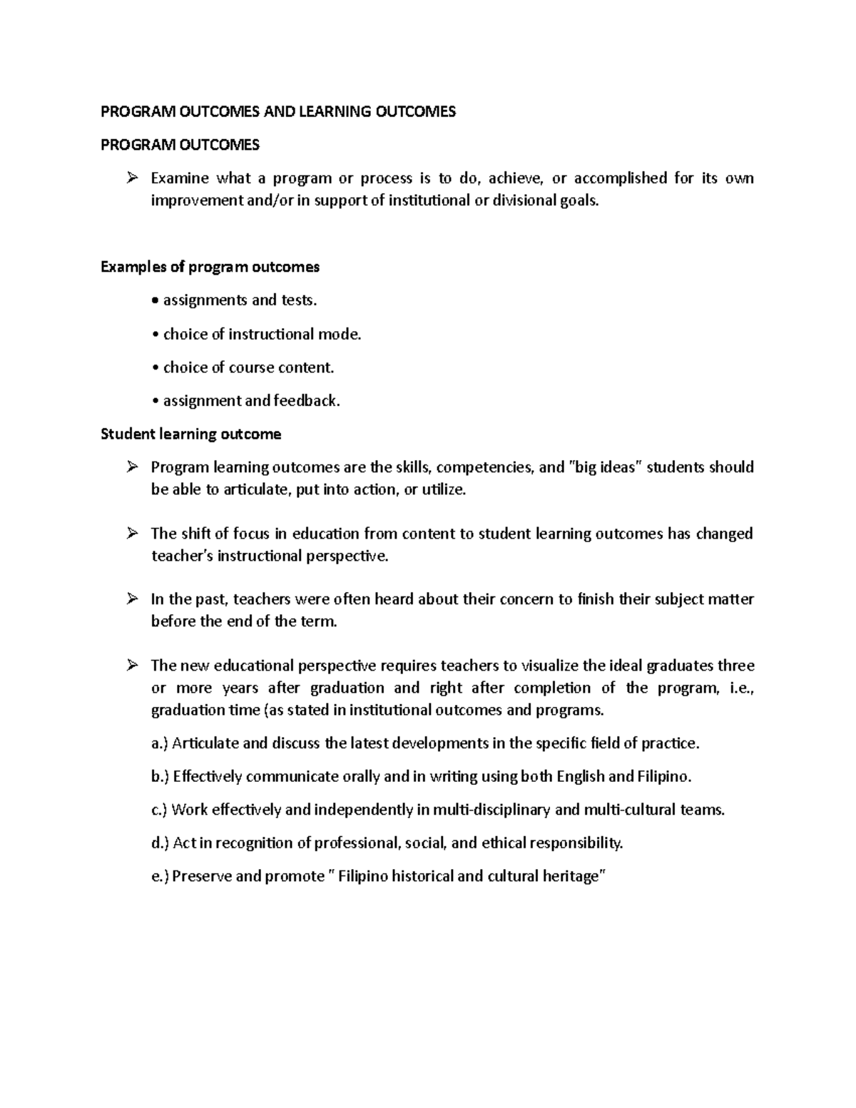 Program Outcomes and Learning Outcomes - Competency-Based Assessment 1 ...