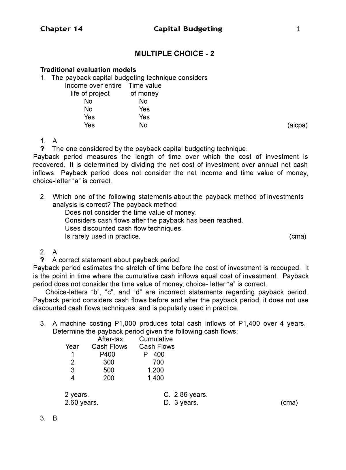 Pdf Chap 14 Capital Budgeting - Chapter 14 Capital Budgeting 1 MULTIPLE ...