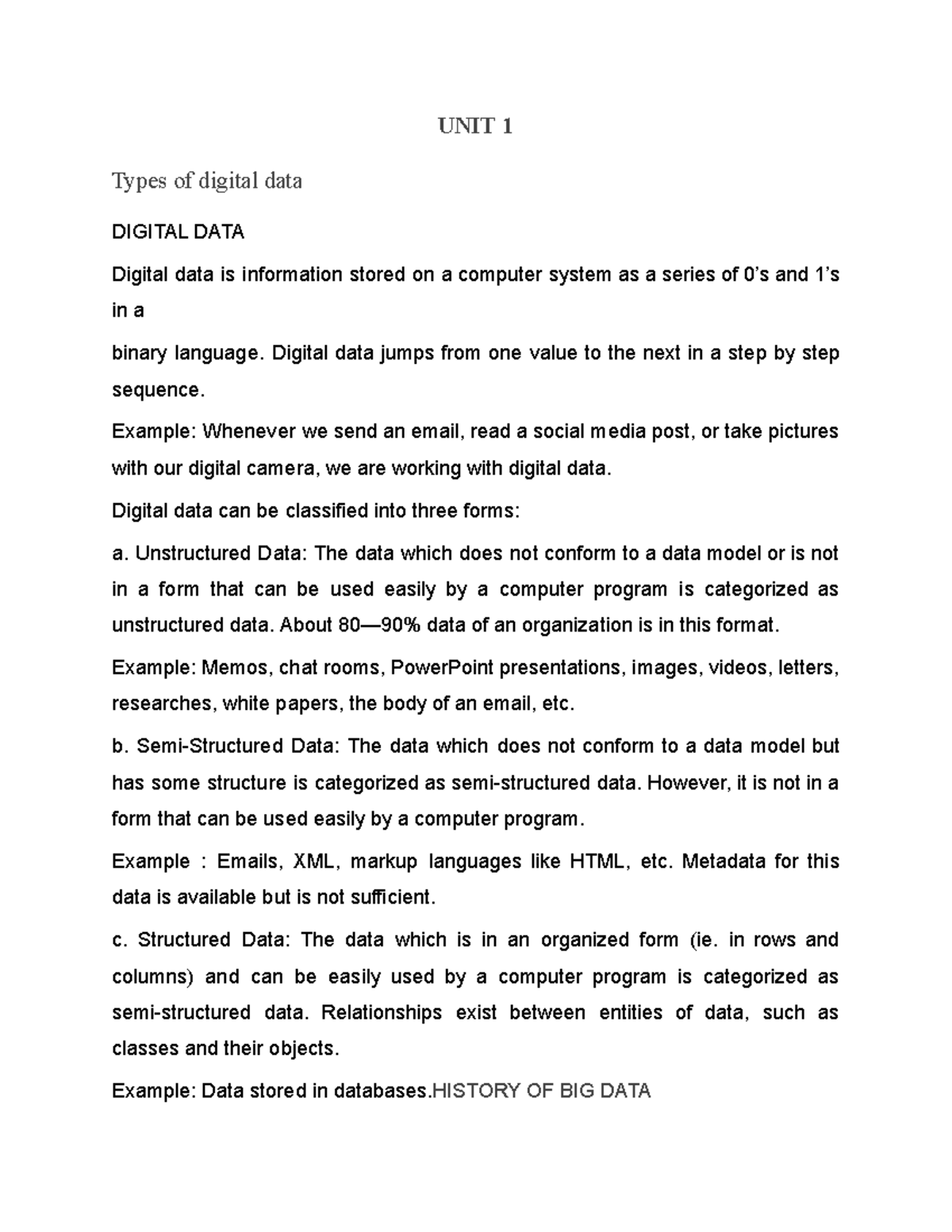 Bigdata Notes - UNIT 1 Types of digital data DIGITAL DATA Digital data ...