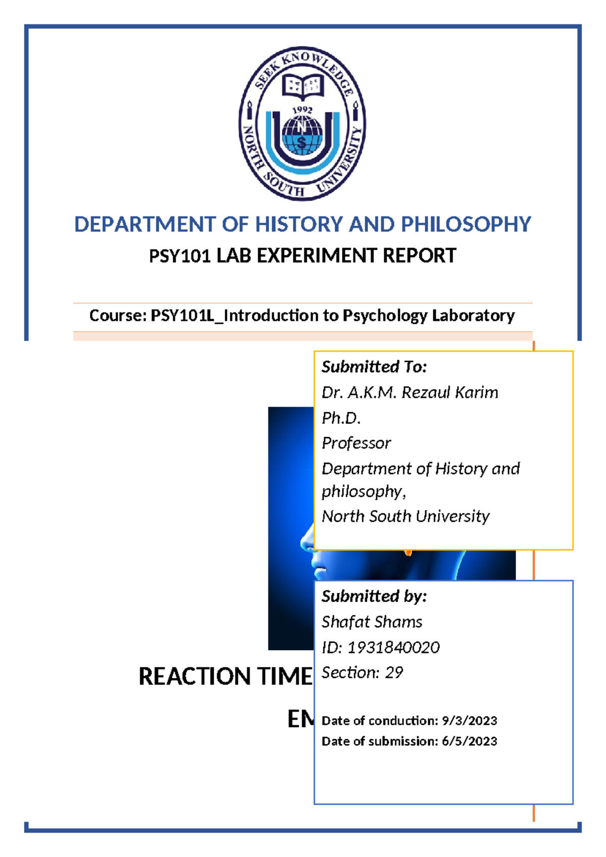PSY LAB - DEPARTMENT OF HISTORY AND PHILOSOPHY PSY101 LAB EXPERIMENT ...