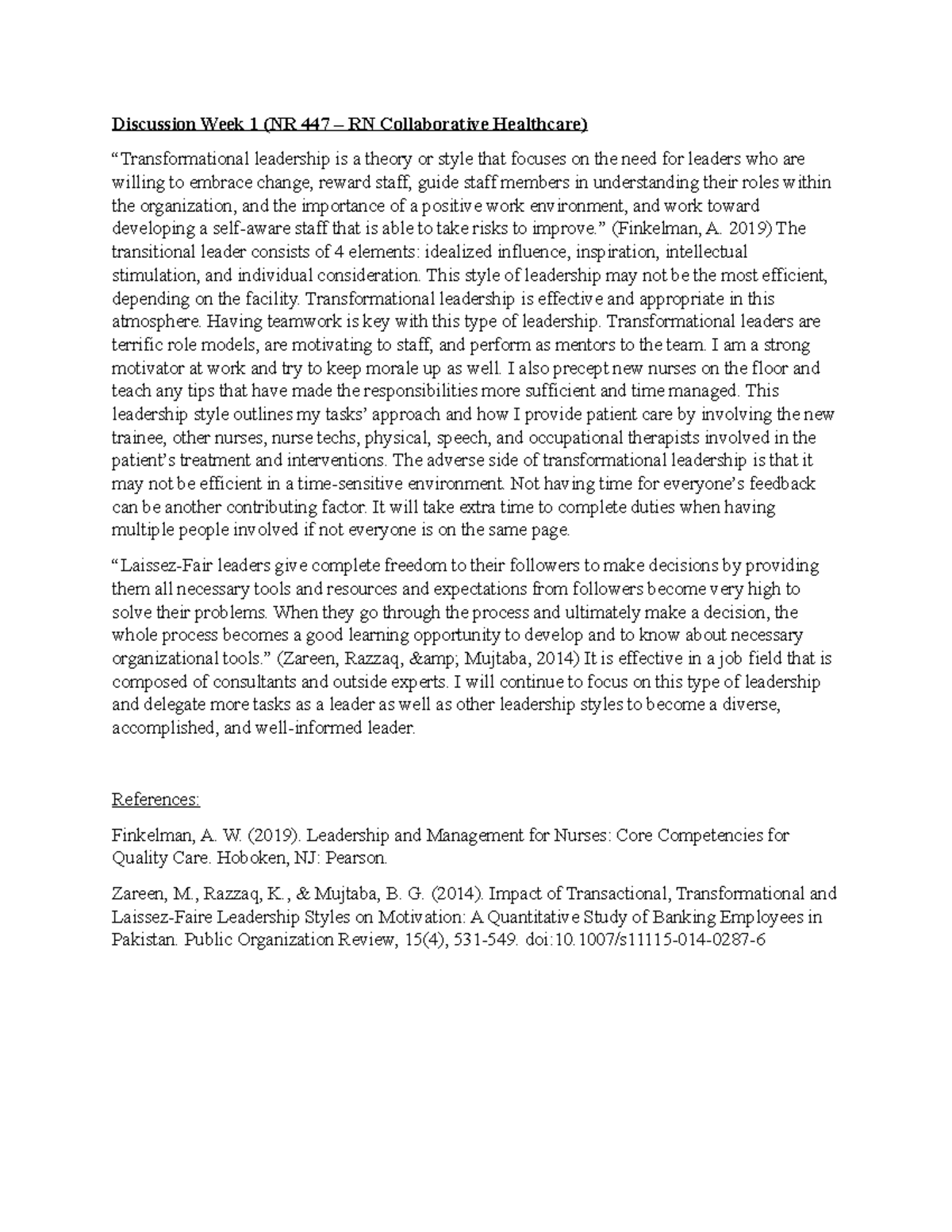 Discussion Week 1 (NR 447 – RN Collaborative Healthcare) - Discussion ...