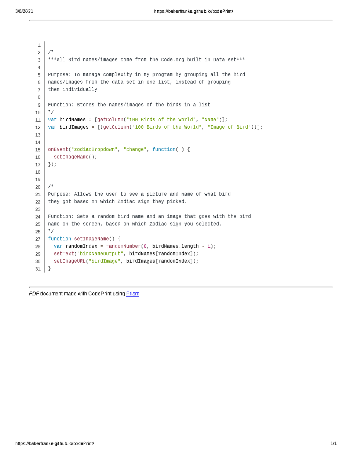 Bakerfranke.github.io 3/8/2021 bakerfranke.github/codePrint