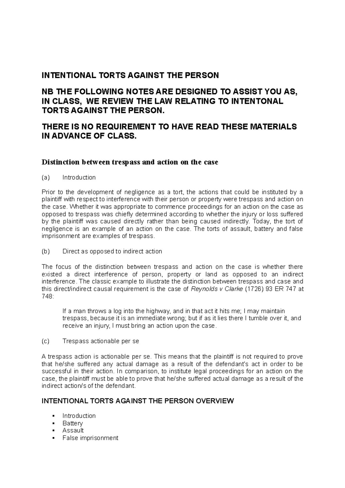 Intentional Torts Against The Person 2020 - INTENTIONAL TORTS AGAINST ...
