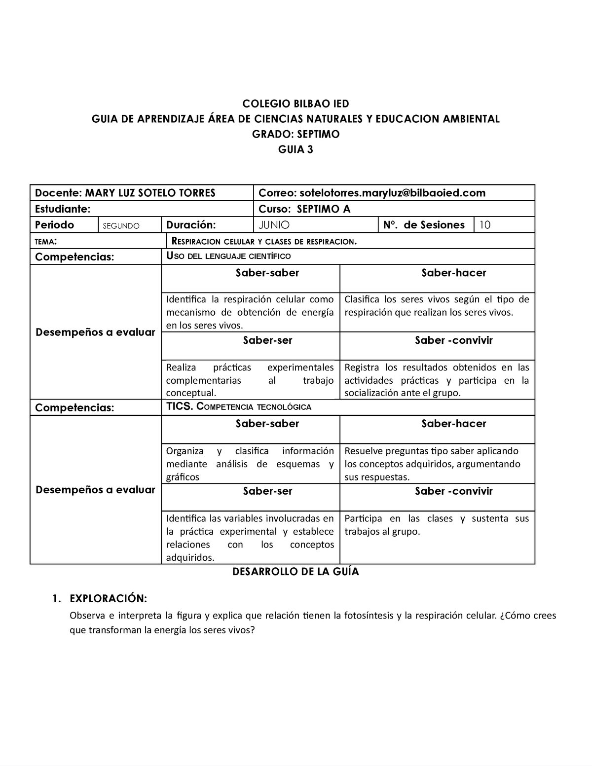 Guia Nº 3 Respiracion Septimo B Colegio Bilbao Ied Guia De Aprendizaje Área De Ciencias 3550