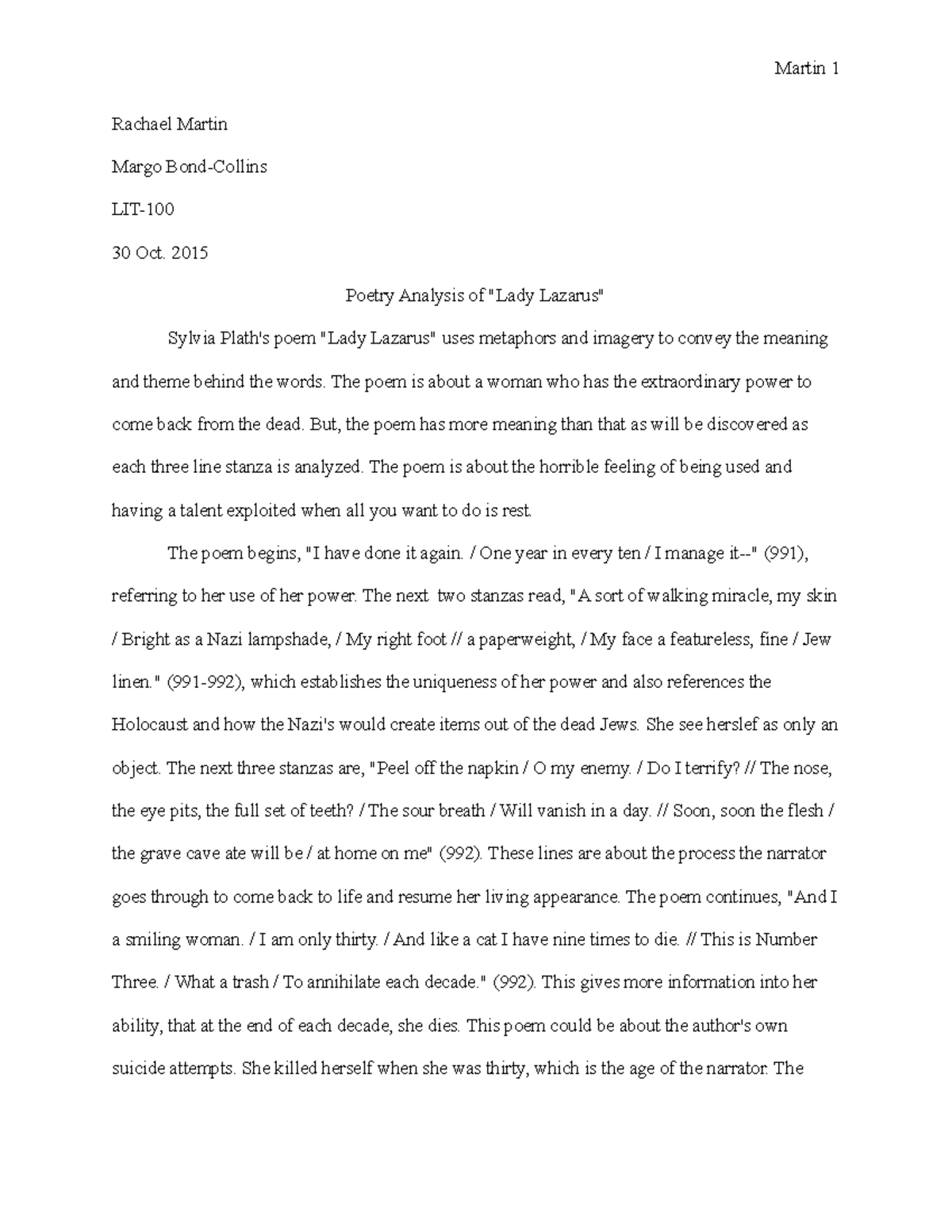 Lit 100 Poetry Essay Grade A Studocu