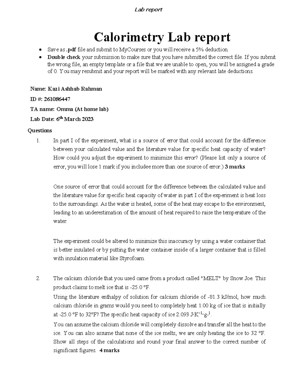 Calorimetry Lab Report Lab report Calorimetry Lab report Save as .pdf