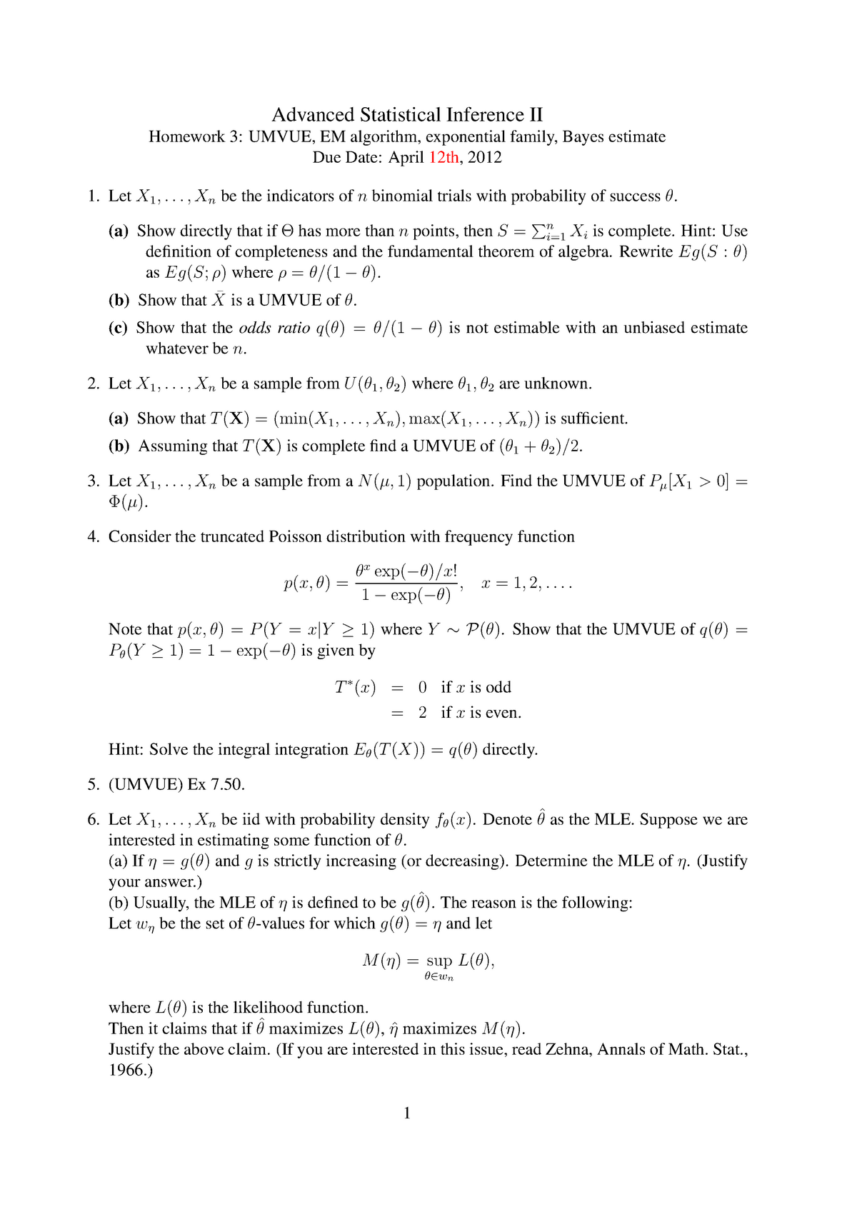 Homework 3 Umvue Em Algorithm Exponential Family Bayes Estimate Advanced Statistical Inference Ii Homework Umvue Em Algorithm Exponential Family Bayes Studocu