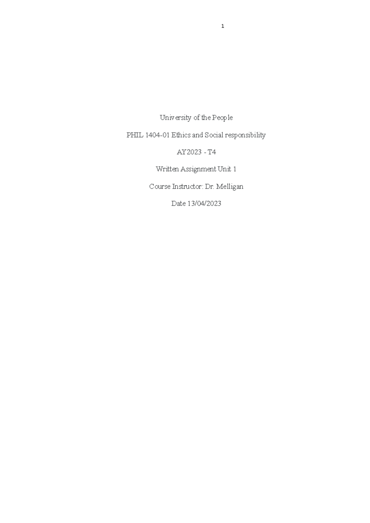 Written Assignment unit 1 - University of the People PHIL 1404-01 ...