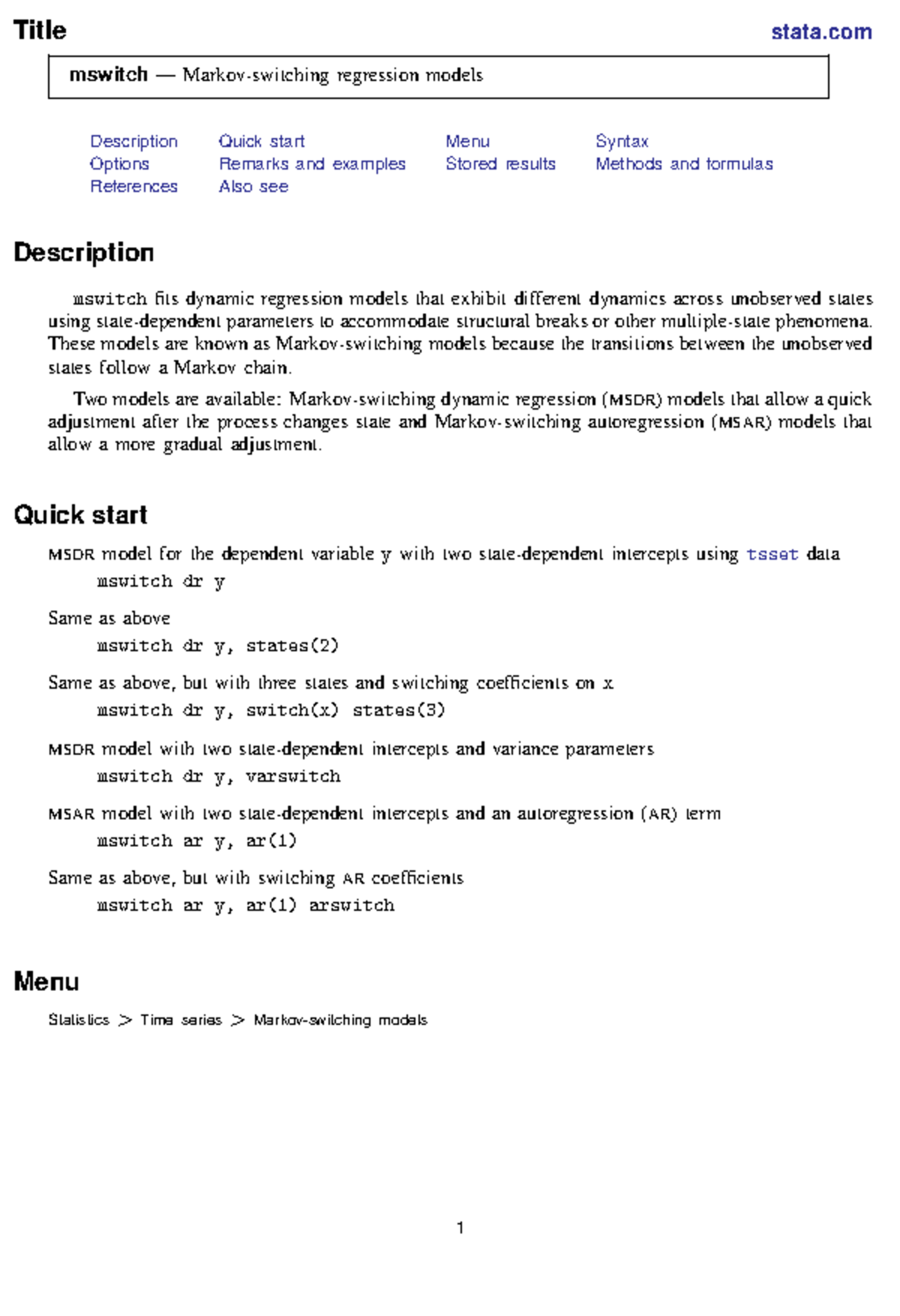Tsmswitch - Summary kinh tế lượng tài chính - Title stata mswitch ...