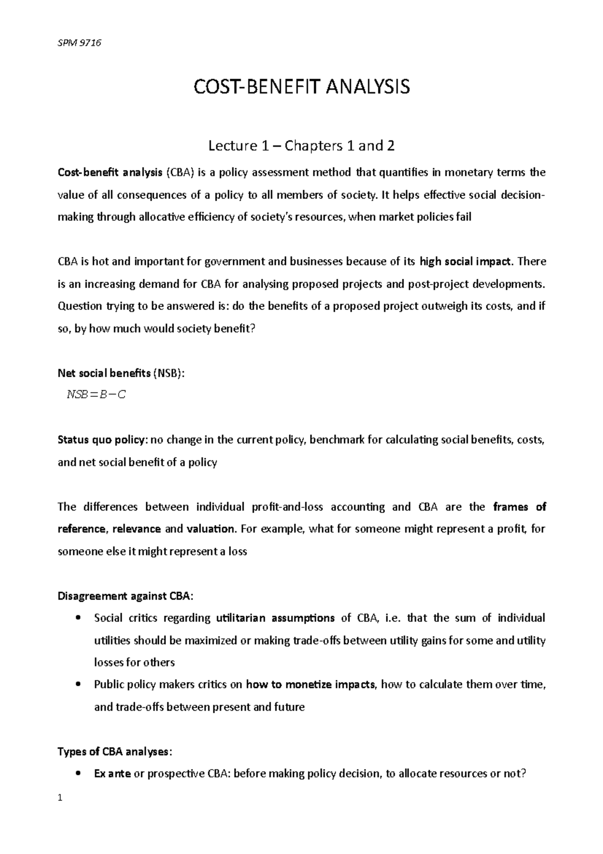 Notes Samenvatting CostBenefit Analysis COSTBENEFIT ANALYSIS