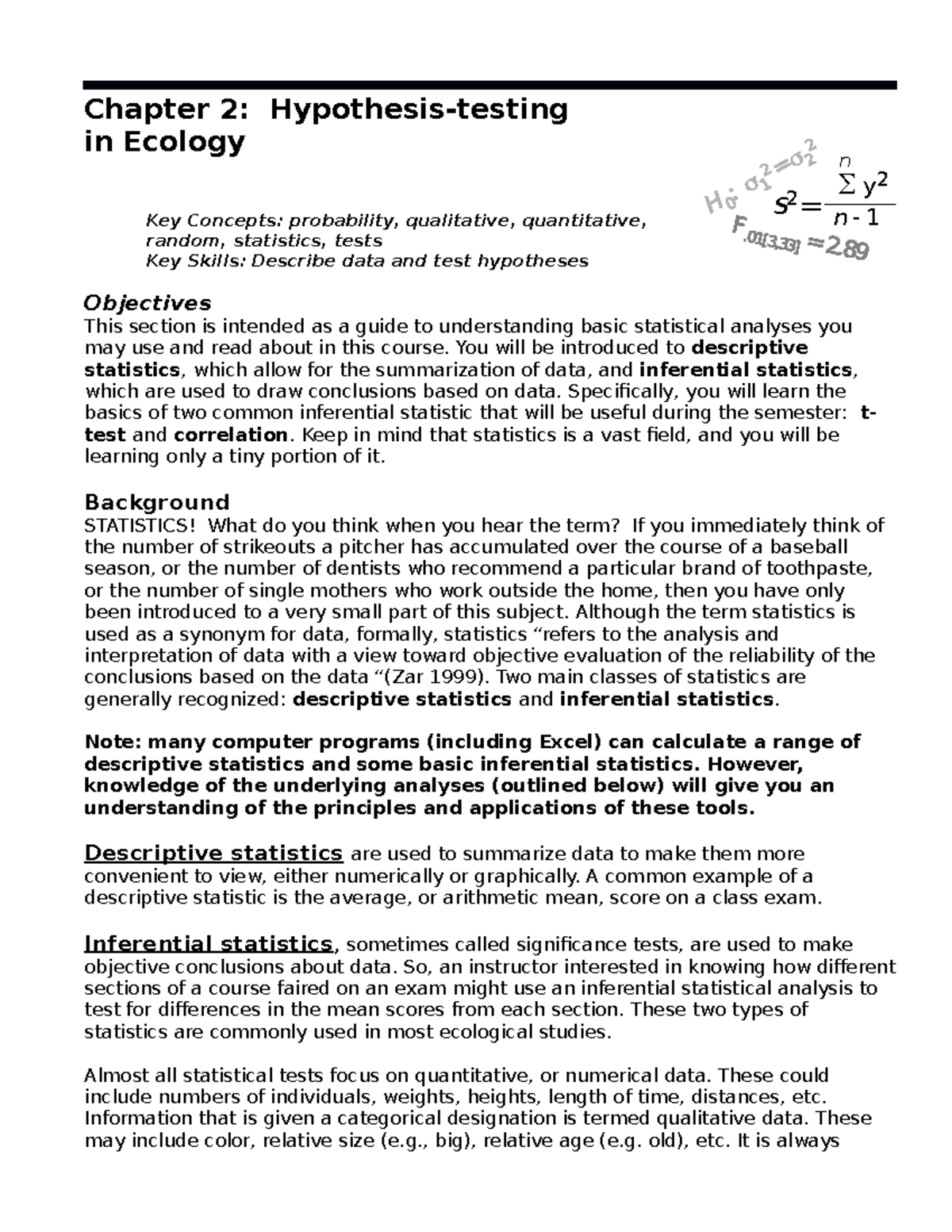 1 Statistics Chapter Chapter 2 Hypothesistesting in Ecology Key