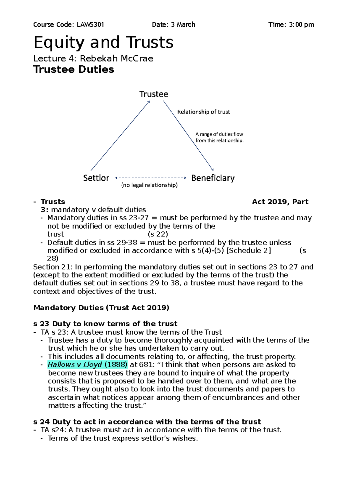 Trust Duties - Equity and Trusts Lecture 4: Rebekah McCrae Trustee ...