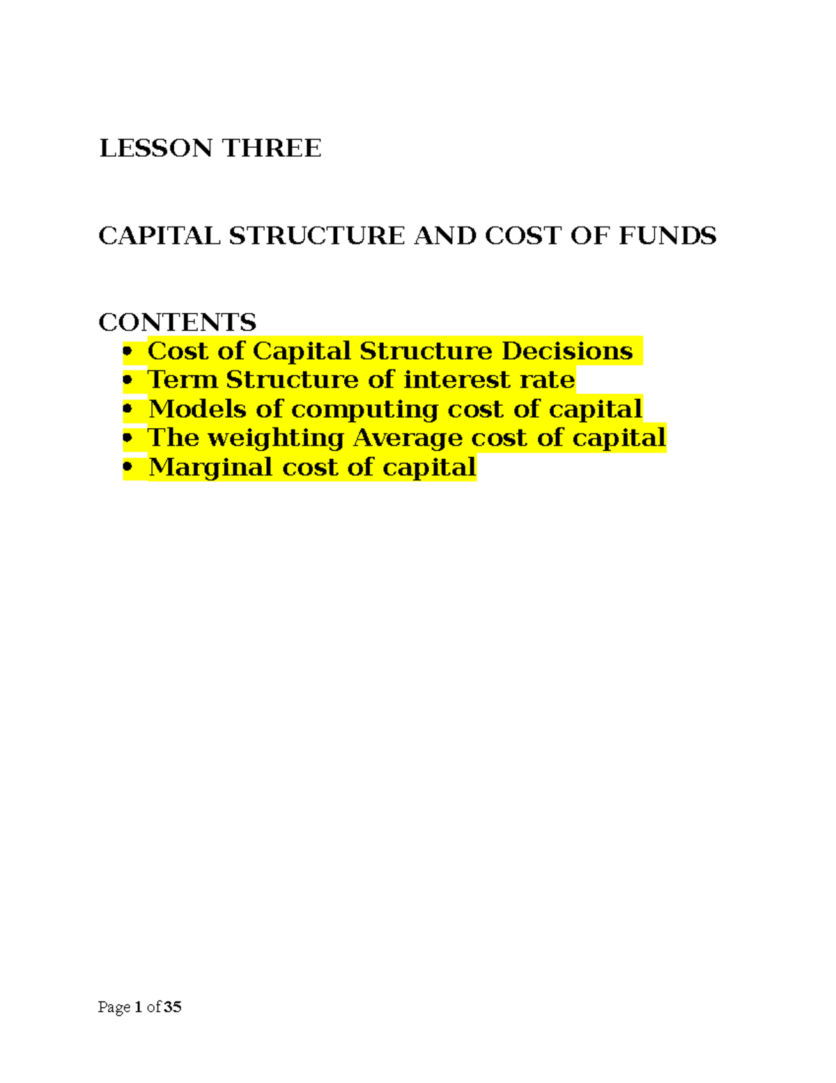 BFIN 2101,2202 Lesson Three Capital Structure and Cost of Funds