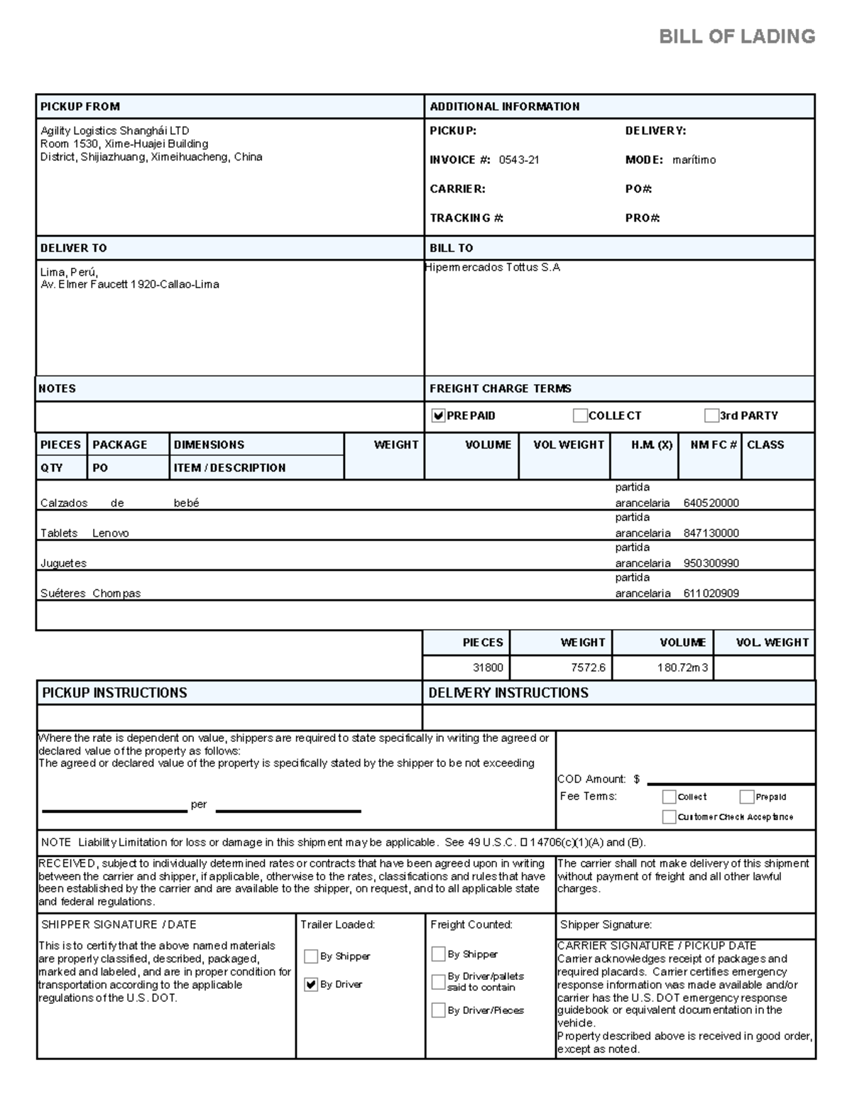 Bill Of Lading - material - BILL OF LADING Lima, Perú, Av. Elmer ...