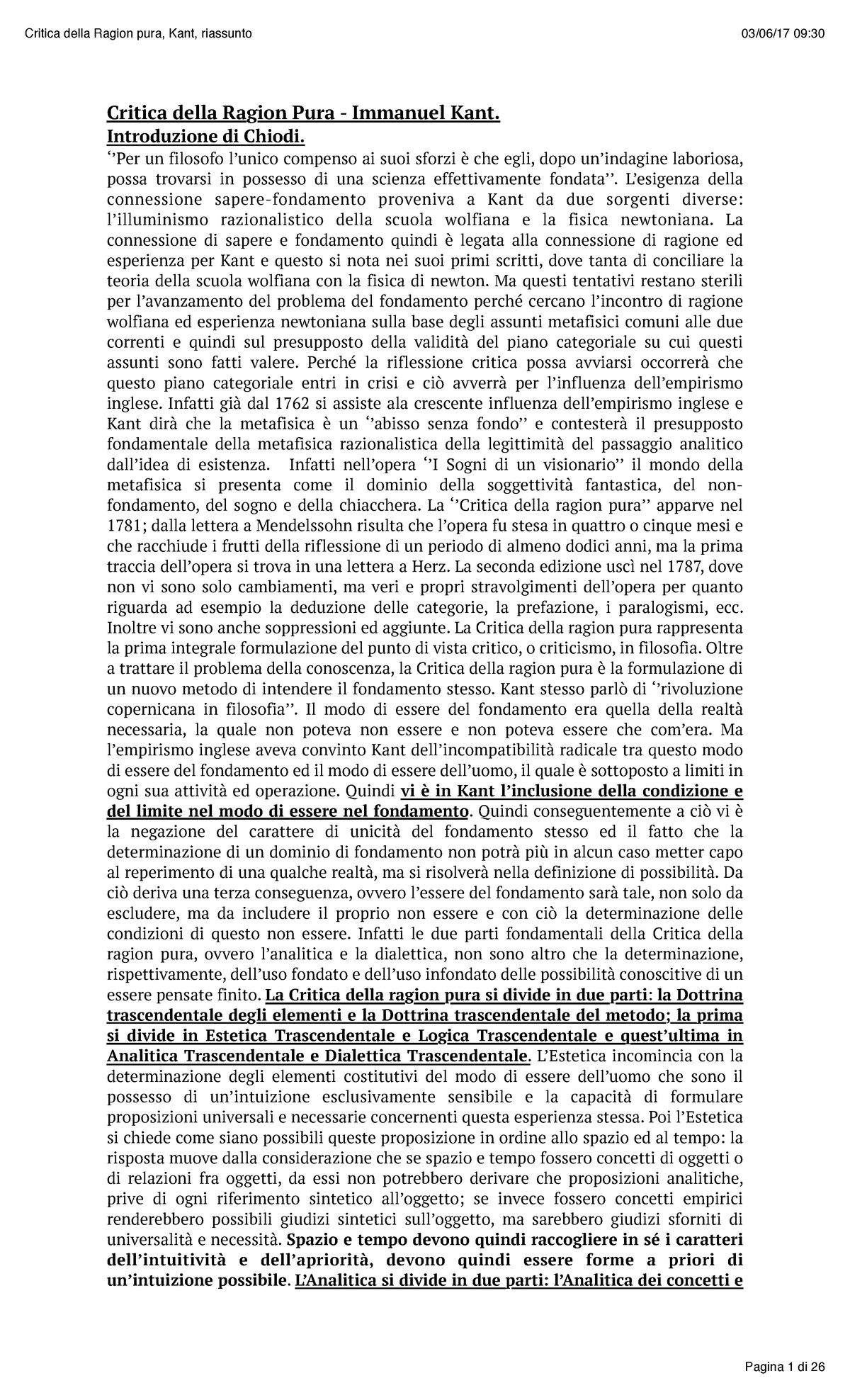 Critica Alla Ragion Pura Riassunto