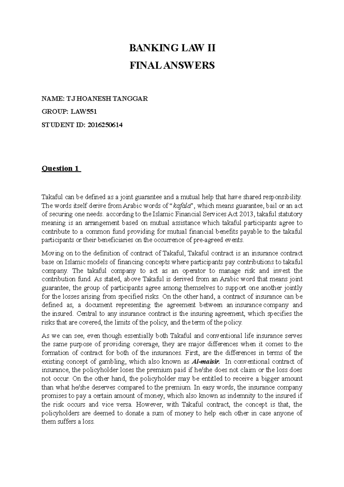 Banking Final Anwers BANKING LAW II FINAL ANSWERS NAME TJ HOANESH