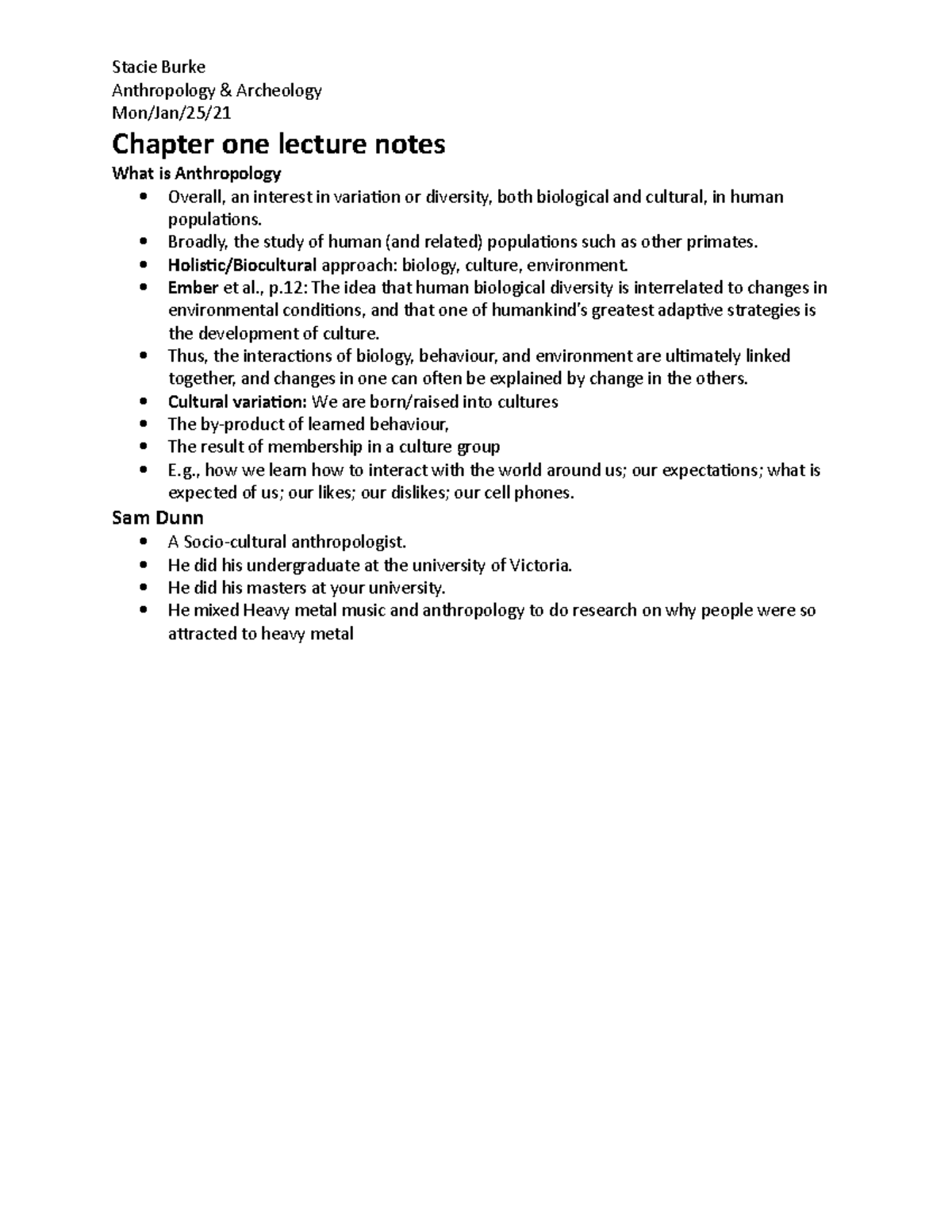 Anth Chapter one lecture notes ch1 - Anthropology & Archeology Mon/Jan ...