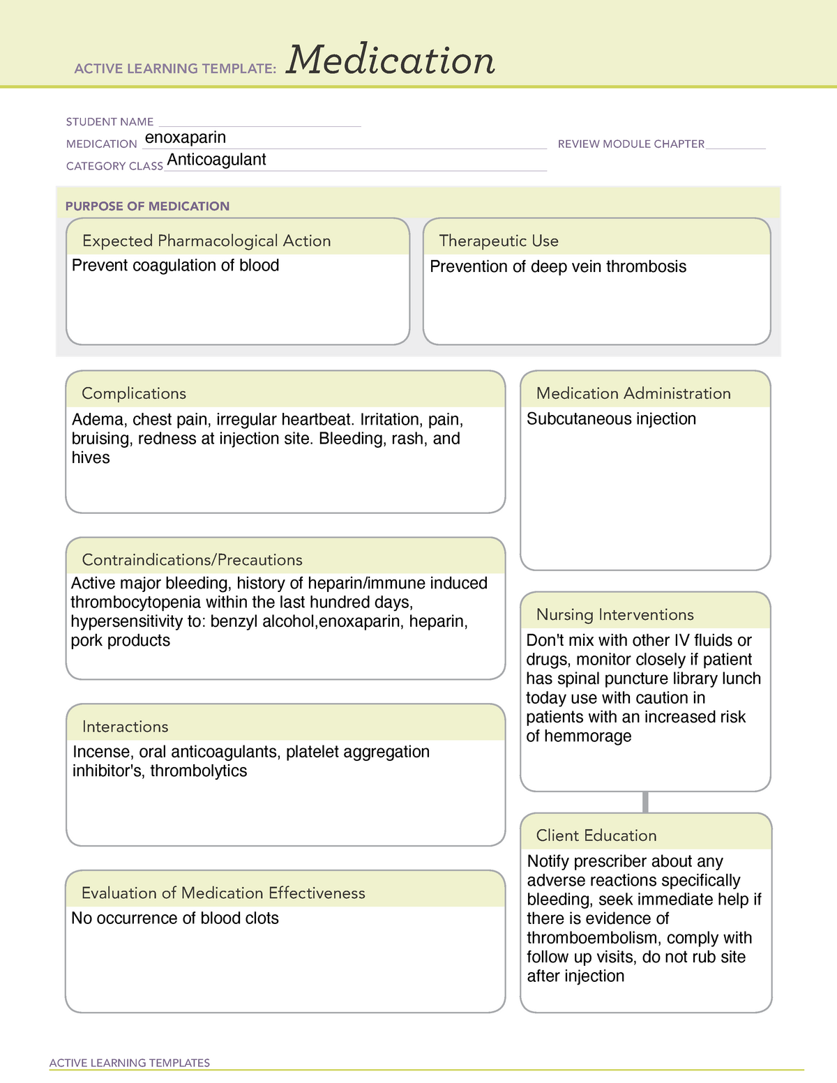 Enoxaparin ATI template ACTIVE LEARNING TEMPLATES Medication