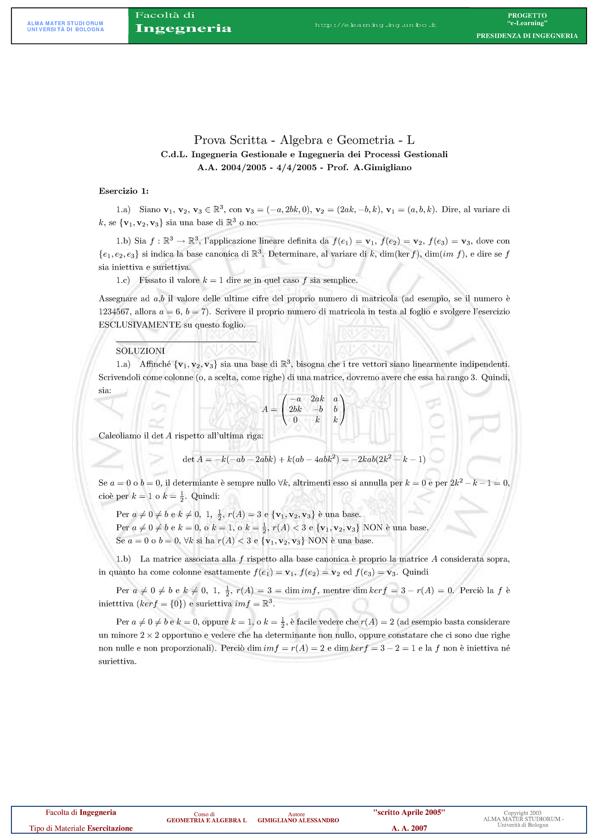 Ex 1 Con Soluzione Geometria Prova Scritta Algebra Geometria Ingegneria Studocu