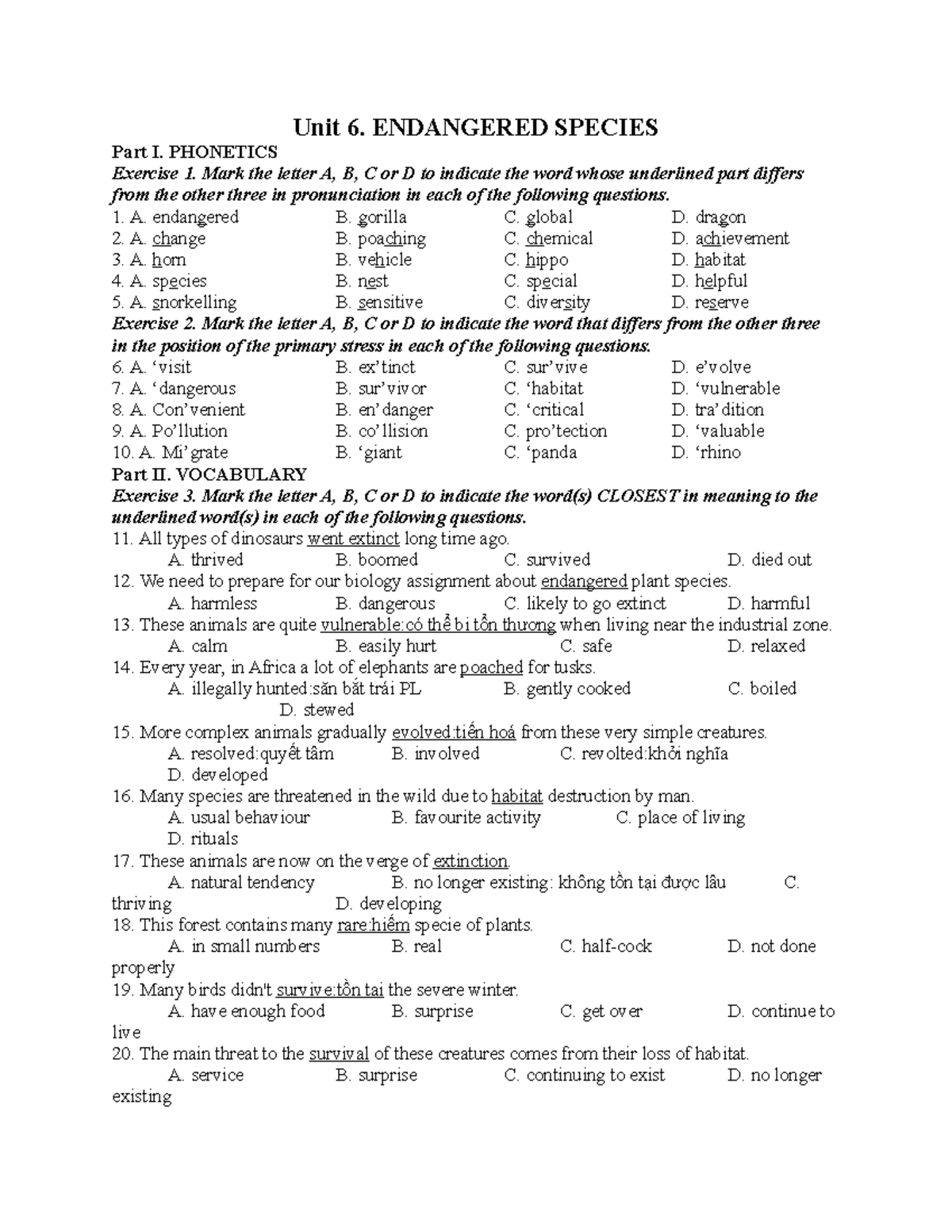 Unit-6 - Unit 6. ENDANGERED SPECIES Part I. PHONETICS Exercise 1. Mark ...