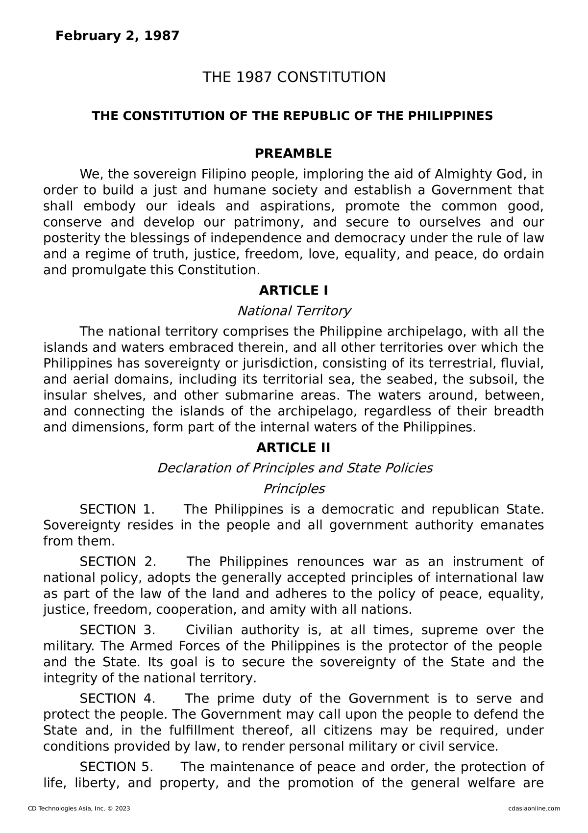 1987 Constitution Bill Of Rights - February 2, 1987 THE 1987 ...