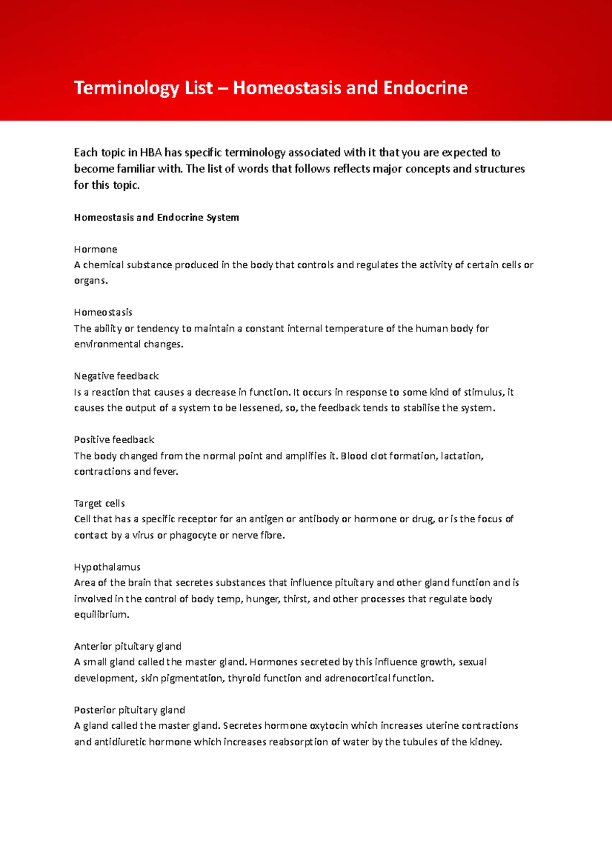 Terminology List Homeostasis And Endocrine Terminology List Homeostasis And Endocrine Each 7772